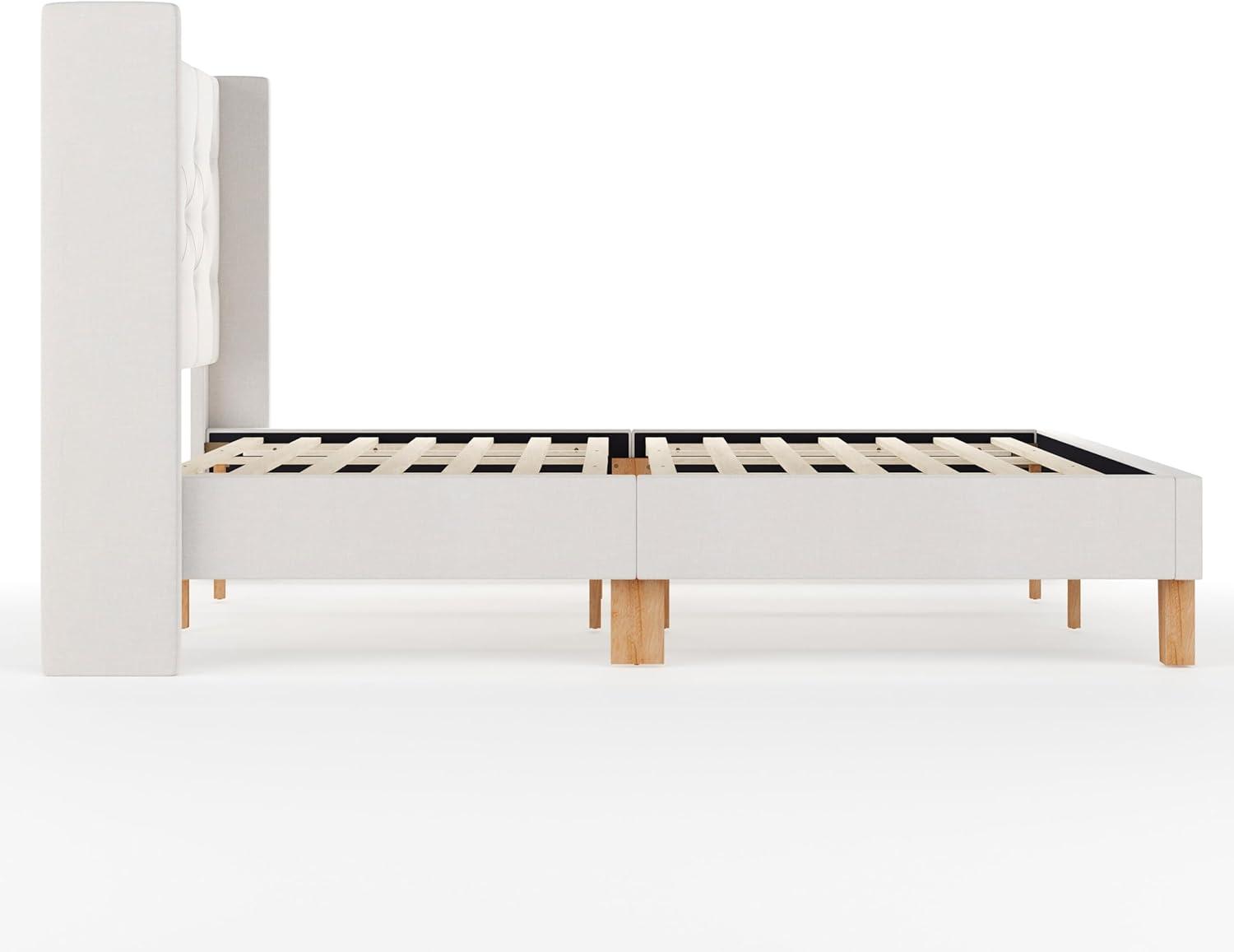 imageMartha Stewart Carmy Platform Bed with Tufted Headboard Cushioned Side Rails Faux Linen Upholstery Wood Slat Foundation No Box Spring Needed Queen WhiteKing