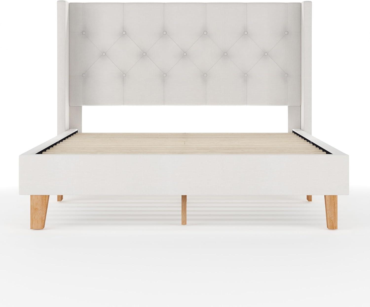 imageMartha Stewart Carmy Platform Bed with Tufted Headboard Cushioned Side Rails Faux Linen Upholstery Wood Slat Foundation No Box Spring Needed Queen WhiteQueen