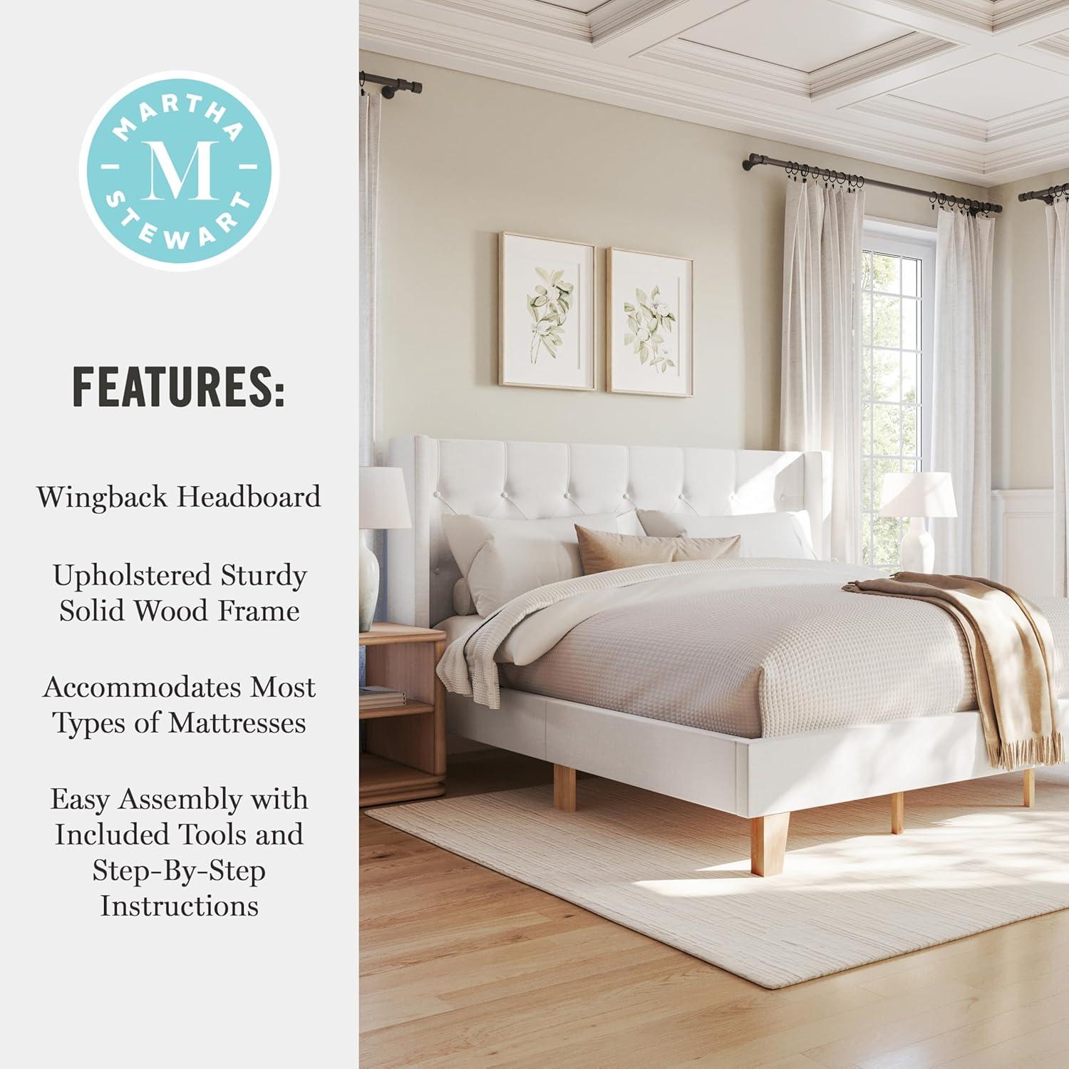 imageMartha Stewart Carmy Platform Bed with Tufted Headboard Cushioned Side Rails Faux Linen Upholstery Wood Slat Foundation No Box Spring Needed Queen WhiteKing