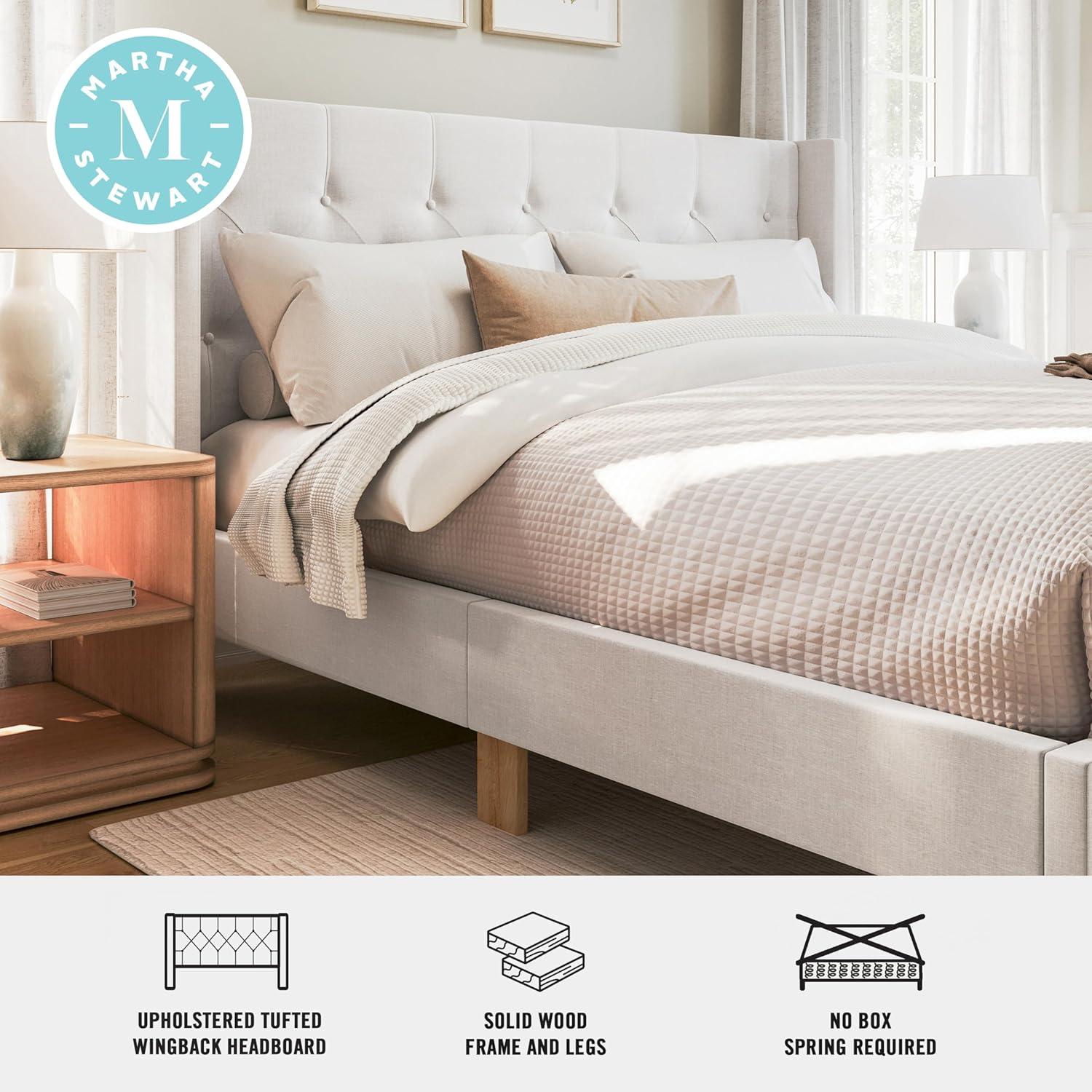 imageMartha Stewart Carmy Platform Bed with Tufted Headboard Cushioned Side Rails Faux Linen Upholstery Wood Slat Foundation No Box Spring Needed Queen WhiteKing