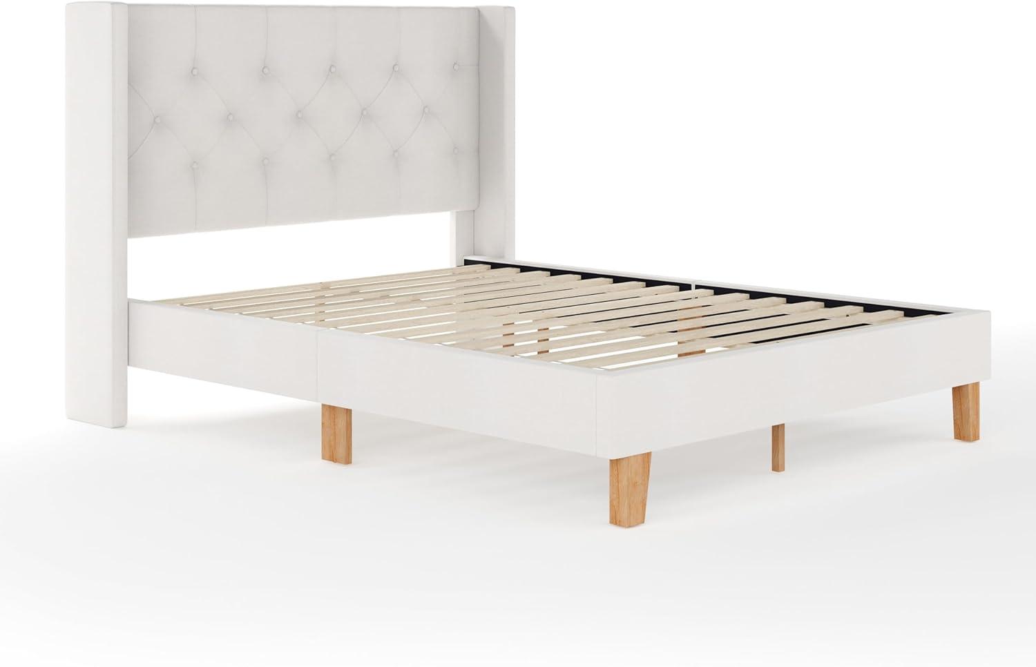imageMartha Stewart Carmy Platform Bed with Tufted Headboard Cushioned Side Rails Faux Linen Upholstery Wood Slat Foundation No Box Spring Needed Queen WhiteQueen