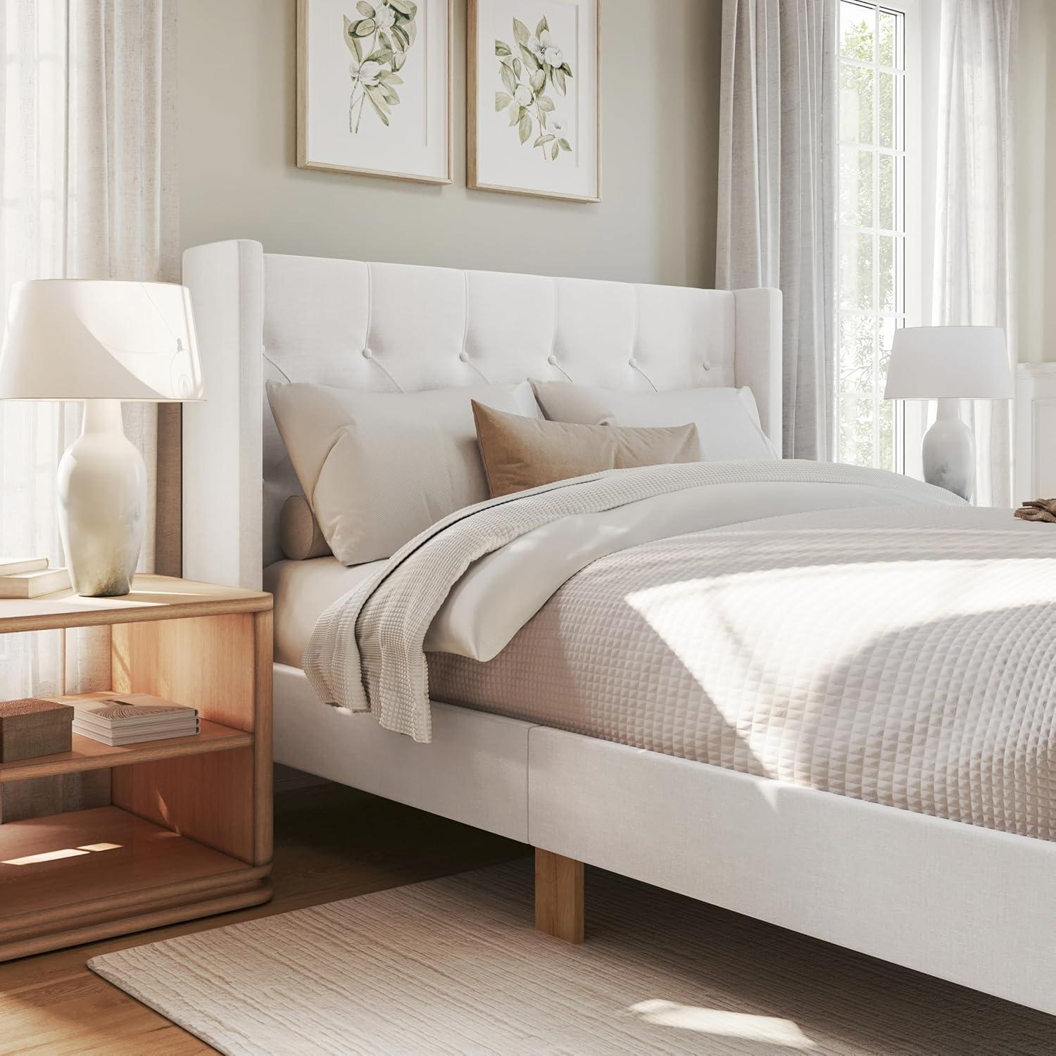 imageMartha Stewart Carmy Platform Bed with Tufted Headboard Cushioned Side Rails Faux Linen Upholstery Wood Slat Foundation No Box Spring Needed Queen WhiteQueen
