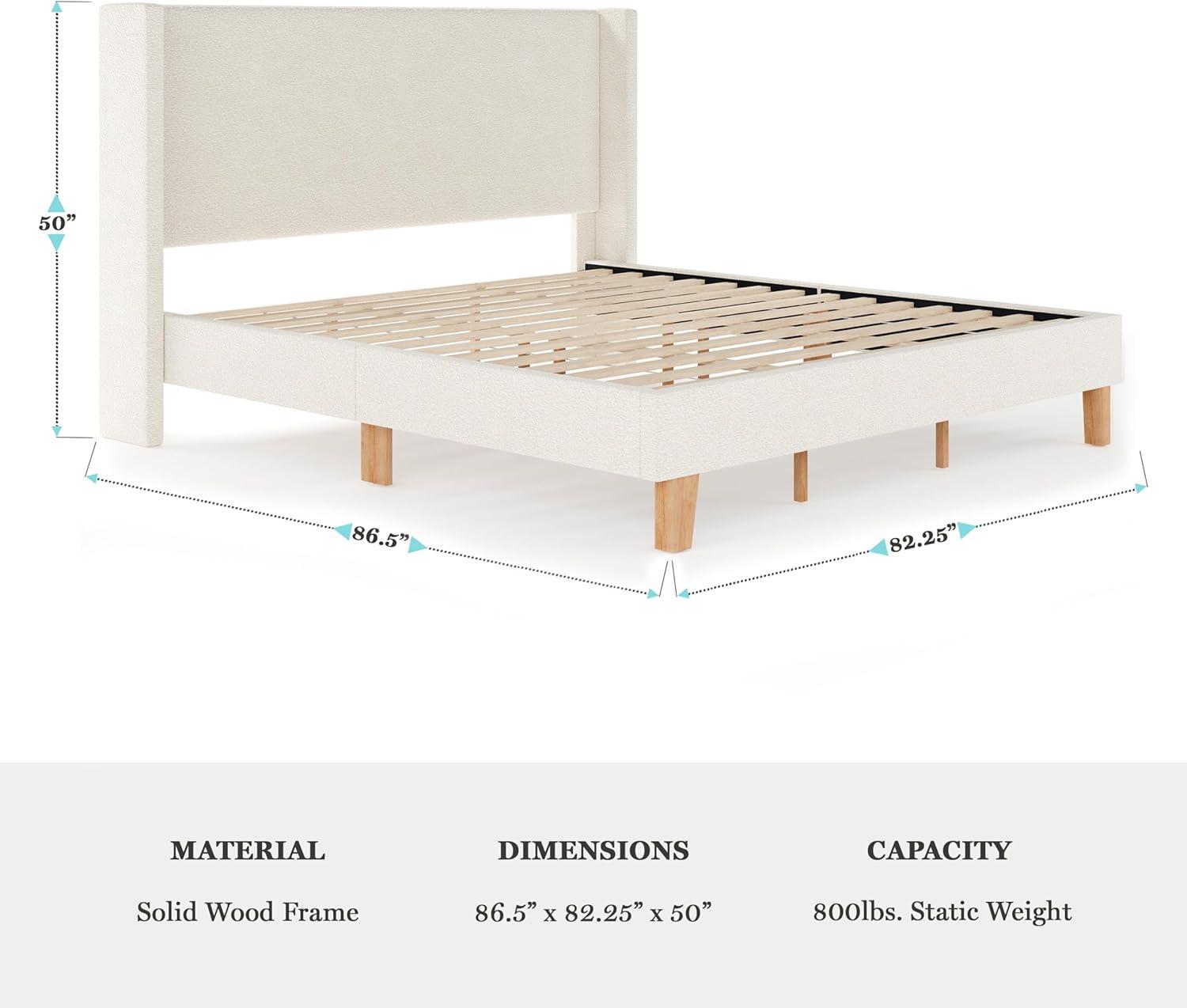 imageMartha Stewart Maisie Platform Bed with Wingback Headboard and Cushioned Side Rails Boucle Upholstery Wood Slat Foundation No Box Spring Needed King OffWhite