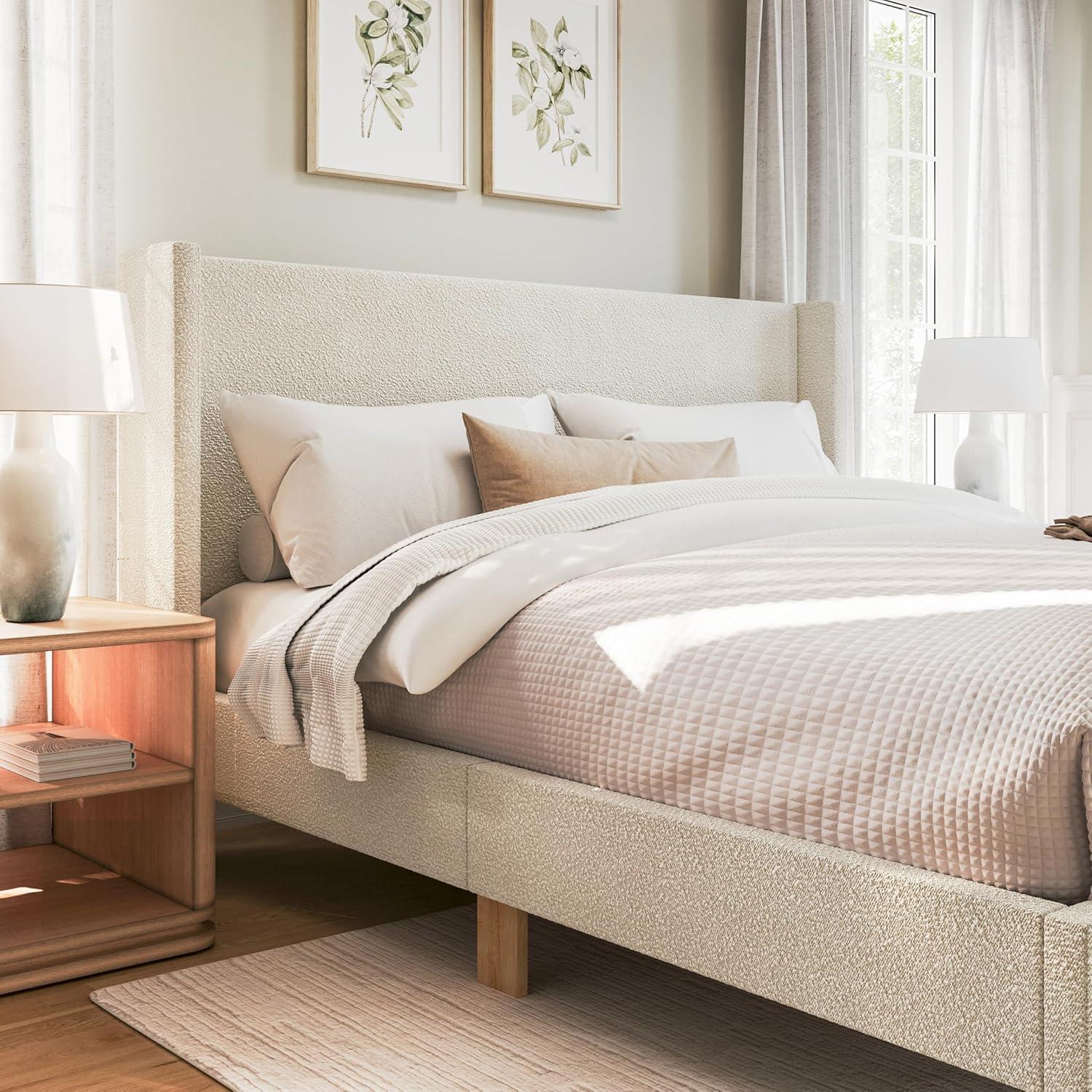 imageMartha Stewart Maisie Platform Bed with Wingback Headboard and Cushioned Side Rails Boucle Upholstery Wood Slat Foundation No Box Spring Needed King OffWhite