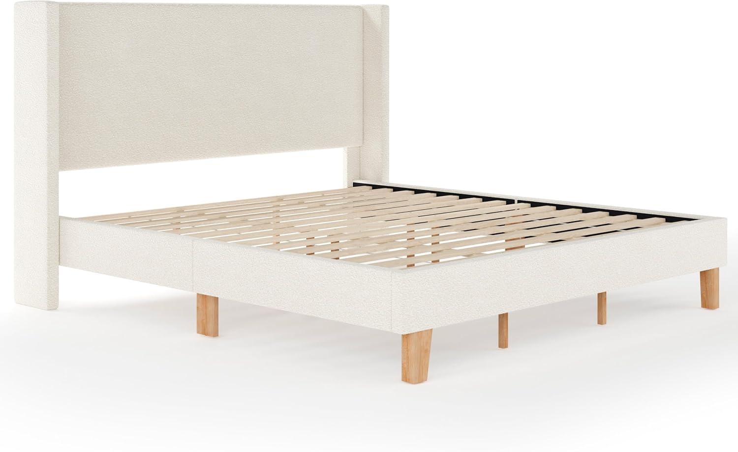 imageMartha Stewart Maisie Platform Bed with Wingback Headboard and Cushioned Side Rails Boucle Upholstery Wood Slat Foundation No Box Spring Needed King OffWhite