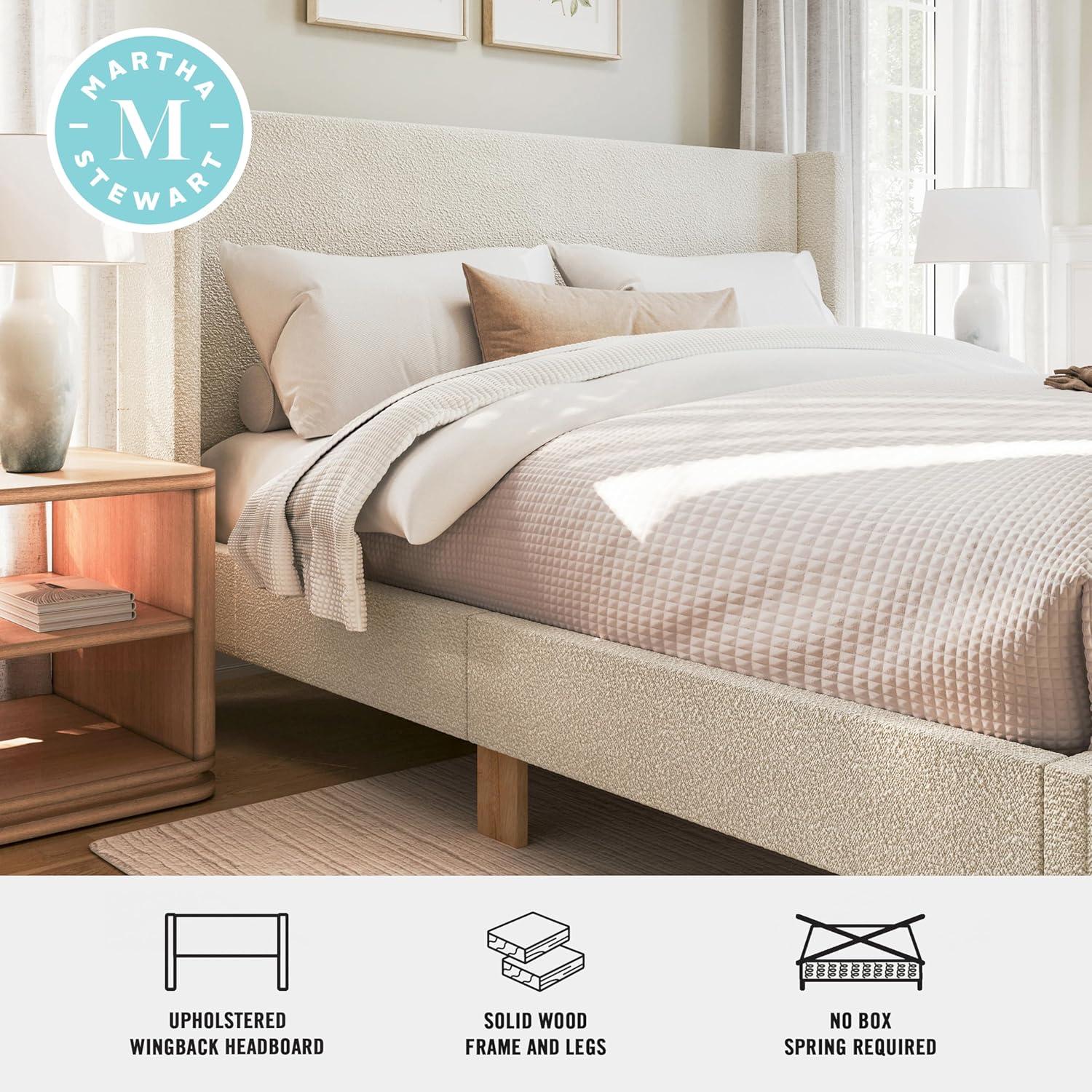 imageMartha Stewart Maisie Platform Bed with Wingback Headboard and Cushioned Side Rails Boucle Upholstery Wood Slat Foundation No Box Spring Needed King OffWhite