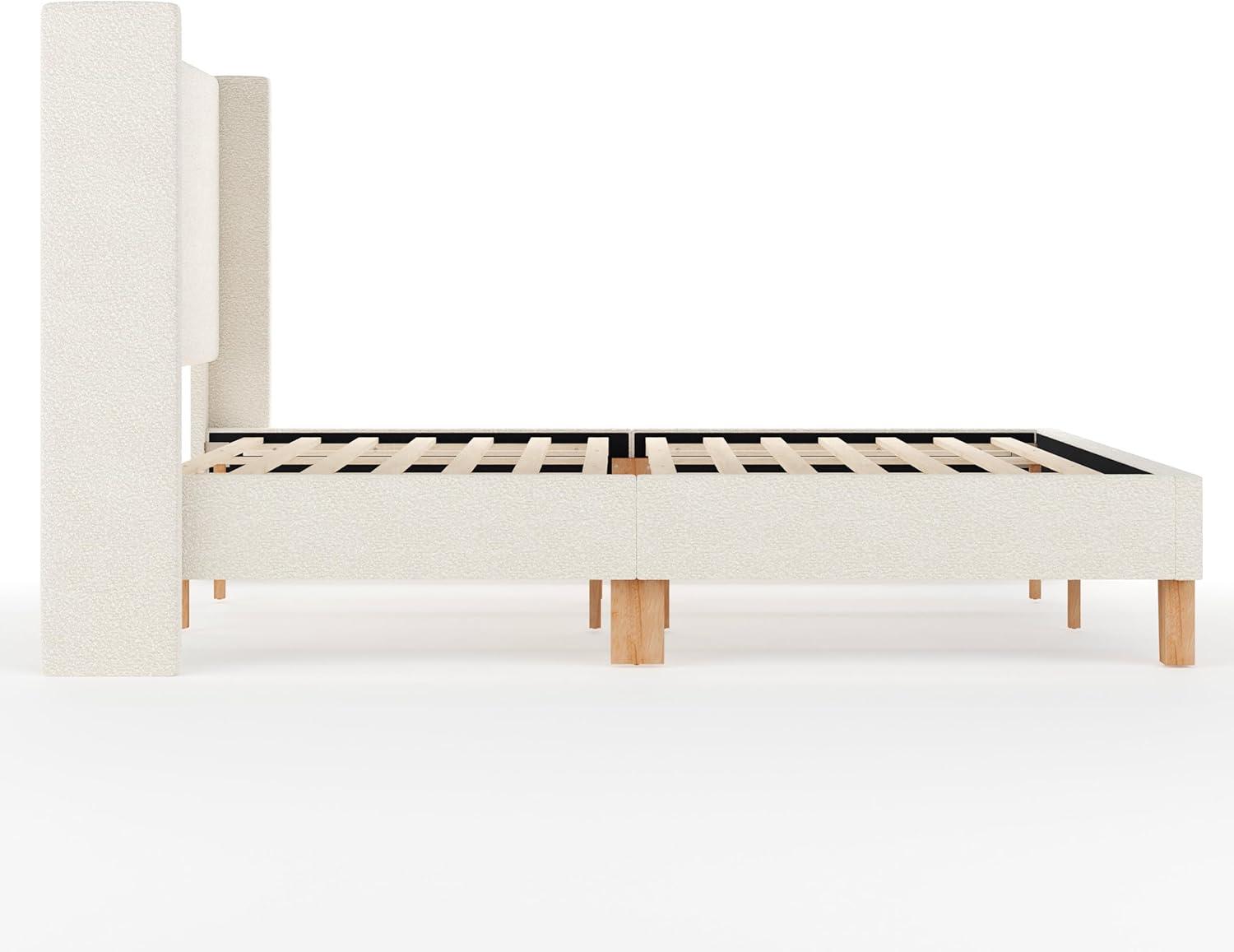 imageMartha Stewart Maisie Platform Bed with Wingback Headboard and Cushioned Side Rails Boucle Upholstery Wood Slat Foundation No Box Spring Needed King OffWhite