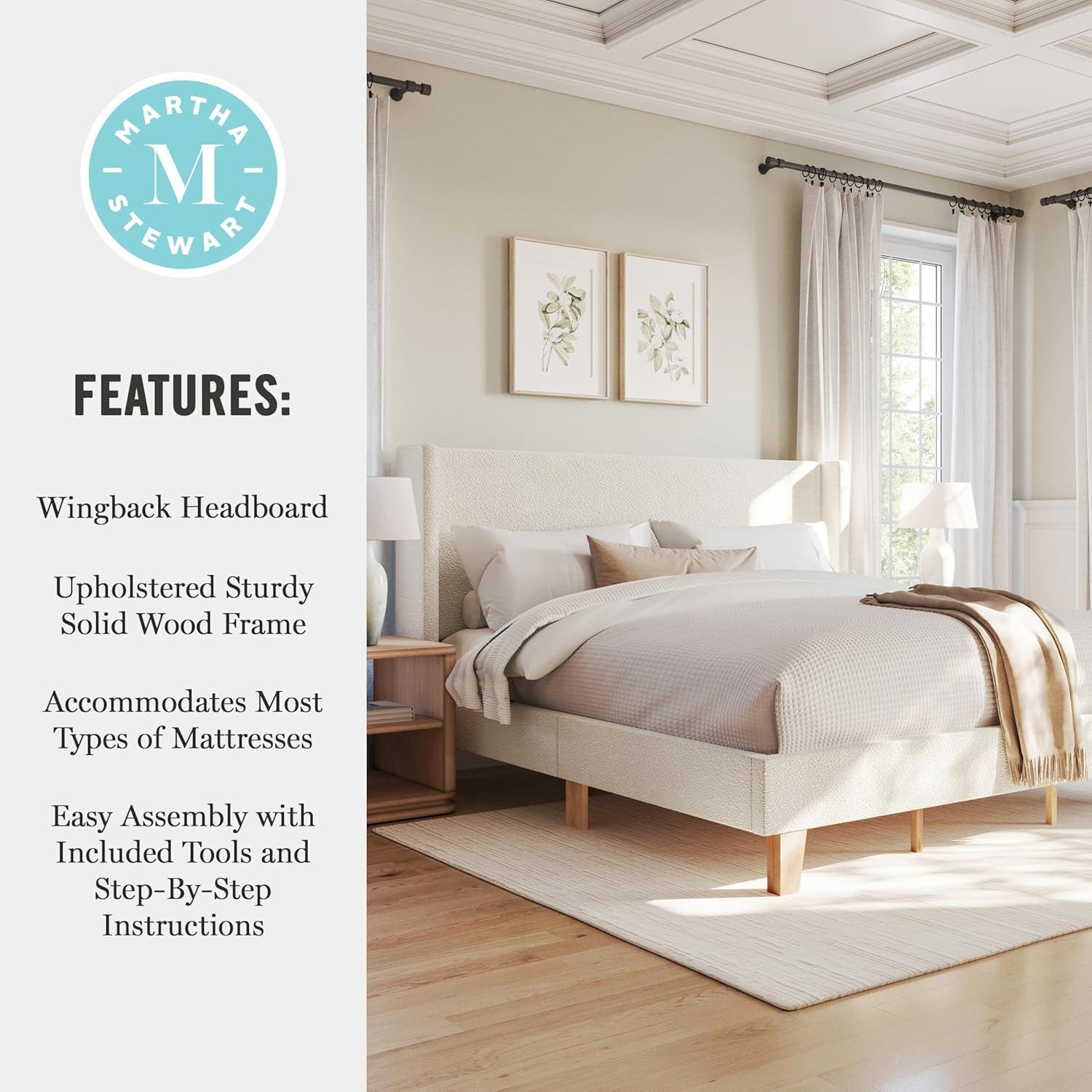 imageMartha Stewart Maisie Platform Bed with Wingback Headboard and Cushioned Side Rails Boucle Upholstery Wood Slat Foundation No Box Spring Needed King OffWhite