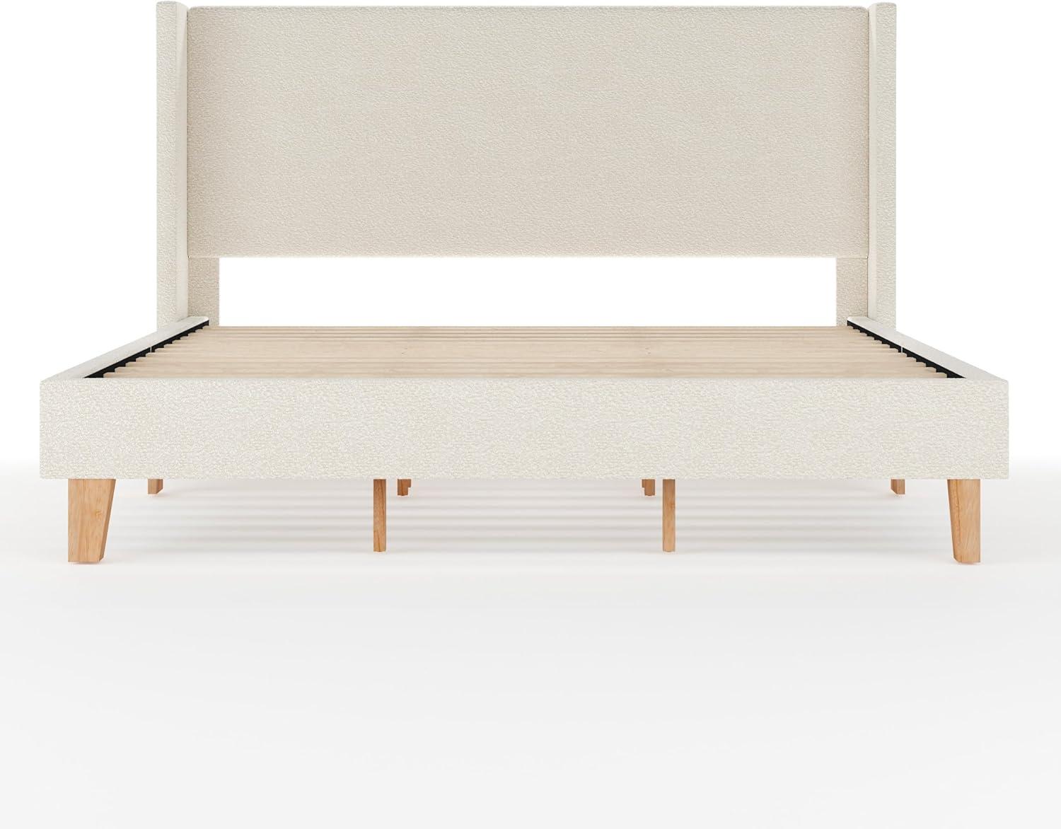 imageMartha Stewart Maisie Platform Bed with Wingback Headboard and Cushioned Side Rails Boucle Upholstery Wood Slat Foundation No Box Spring Needed King OffWhite