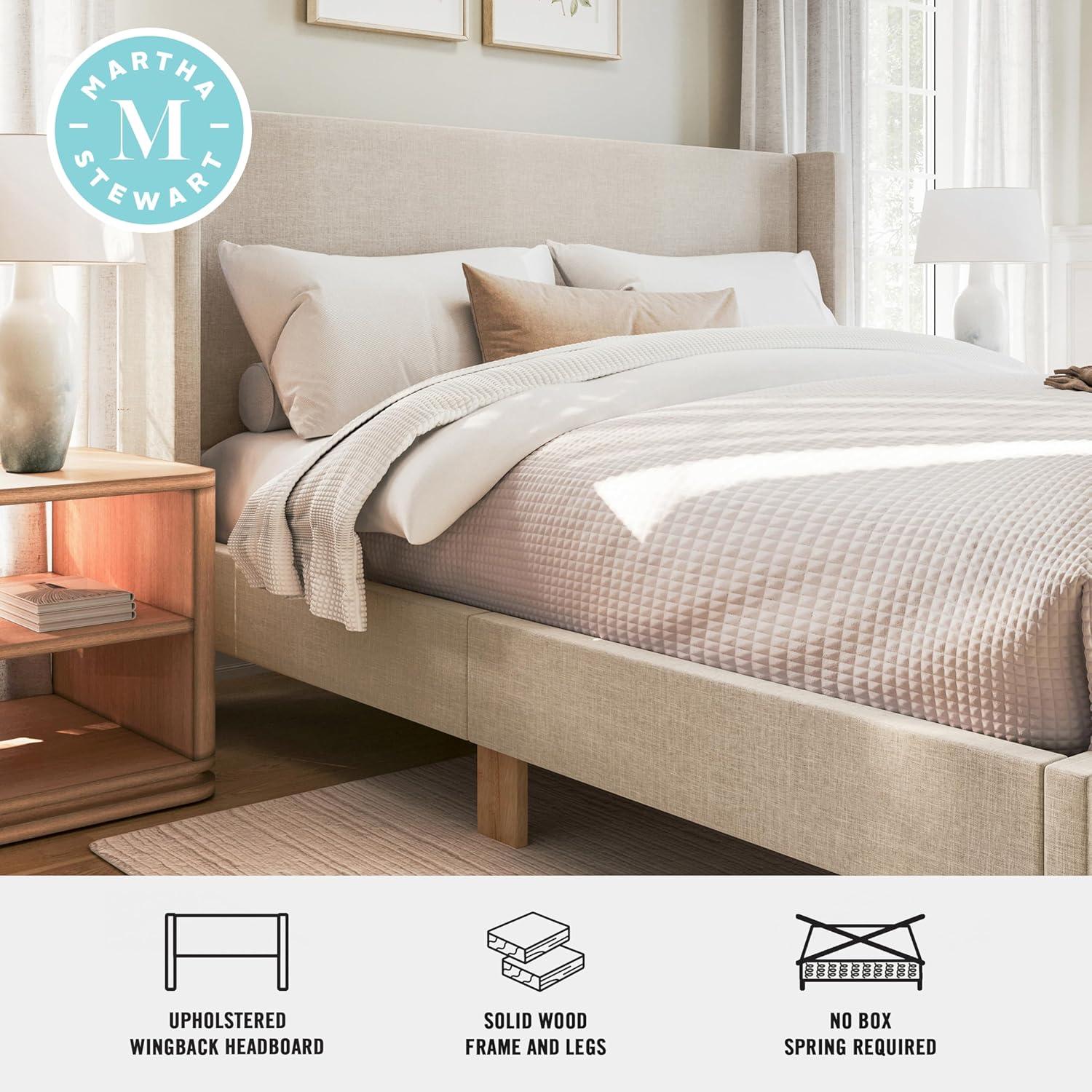 imageMartha Stewart Maisie Platform Bed with Wingback Headboard and Cushioned Side Rails Faux Linen Upholstery Wood Slat Foundation No Box Spring Needed King Beige