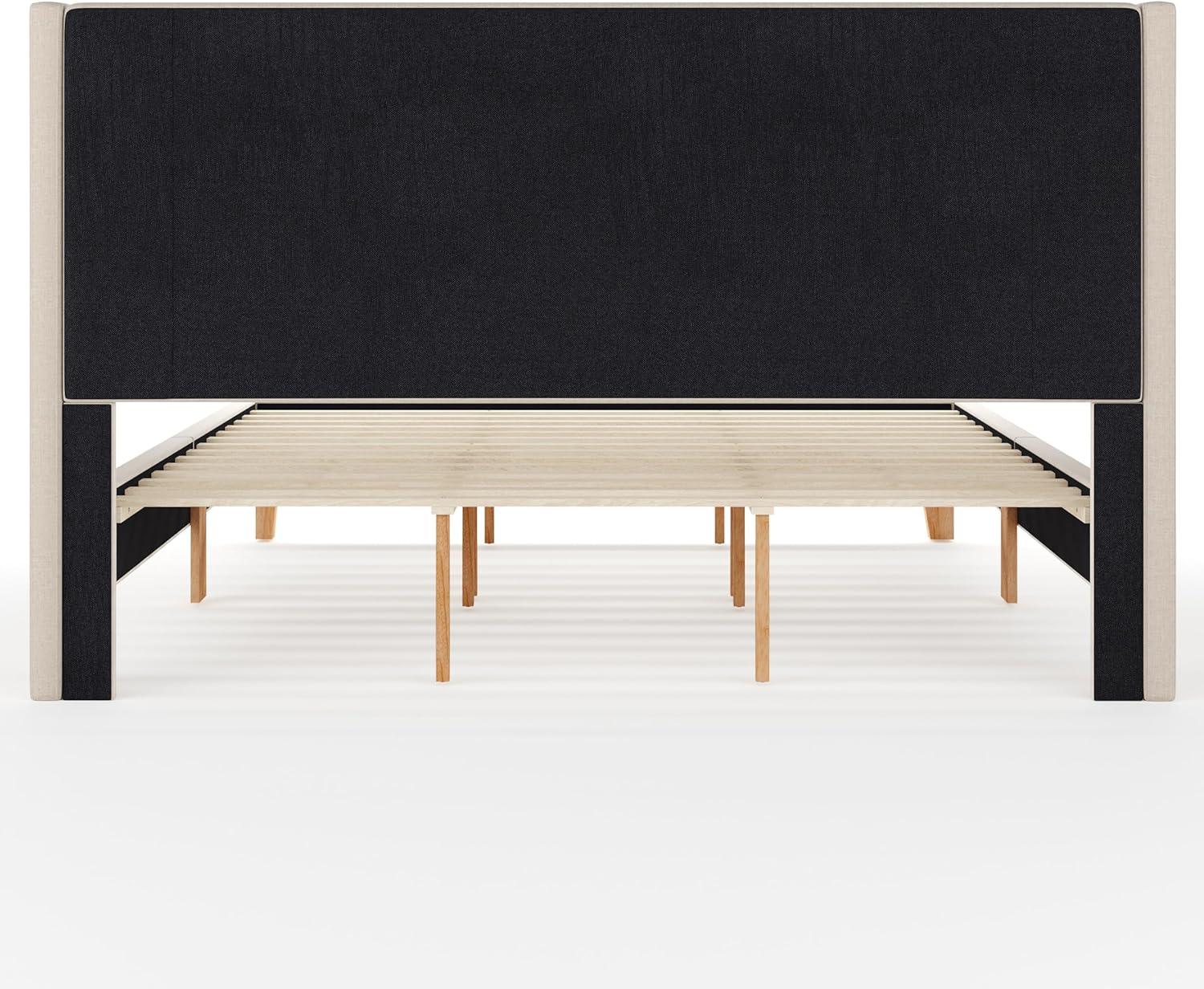 imageMartha Stewart Maisie Platform Bed with Wingback Headboard and Cushioned Side Rails Faux Linen Upholstery Wood Slat Foundation No Box Spring Needed King Beige