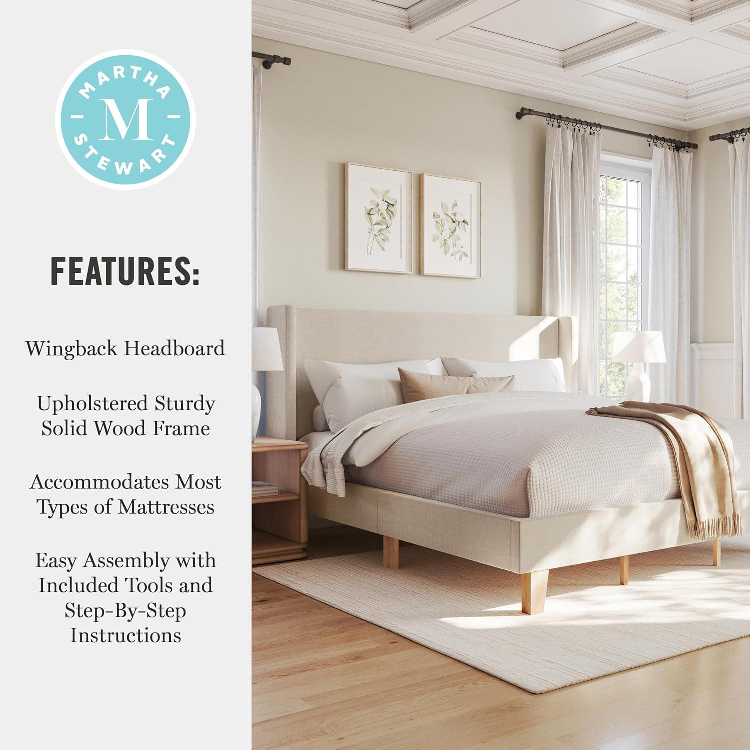 imageMartha Stewart Maisie Platform Bed with Wingback Headboard and Cushioned Side Rails Faux Linen Upholstery Wood Slat Foundation No Box Spring Needed King Beige