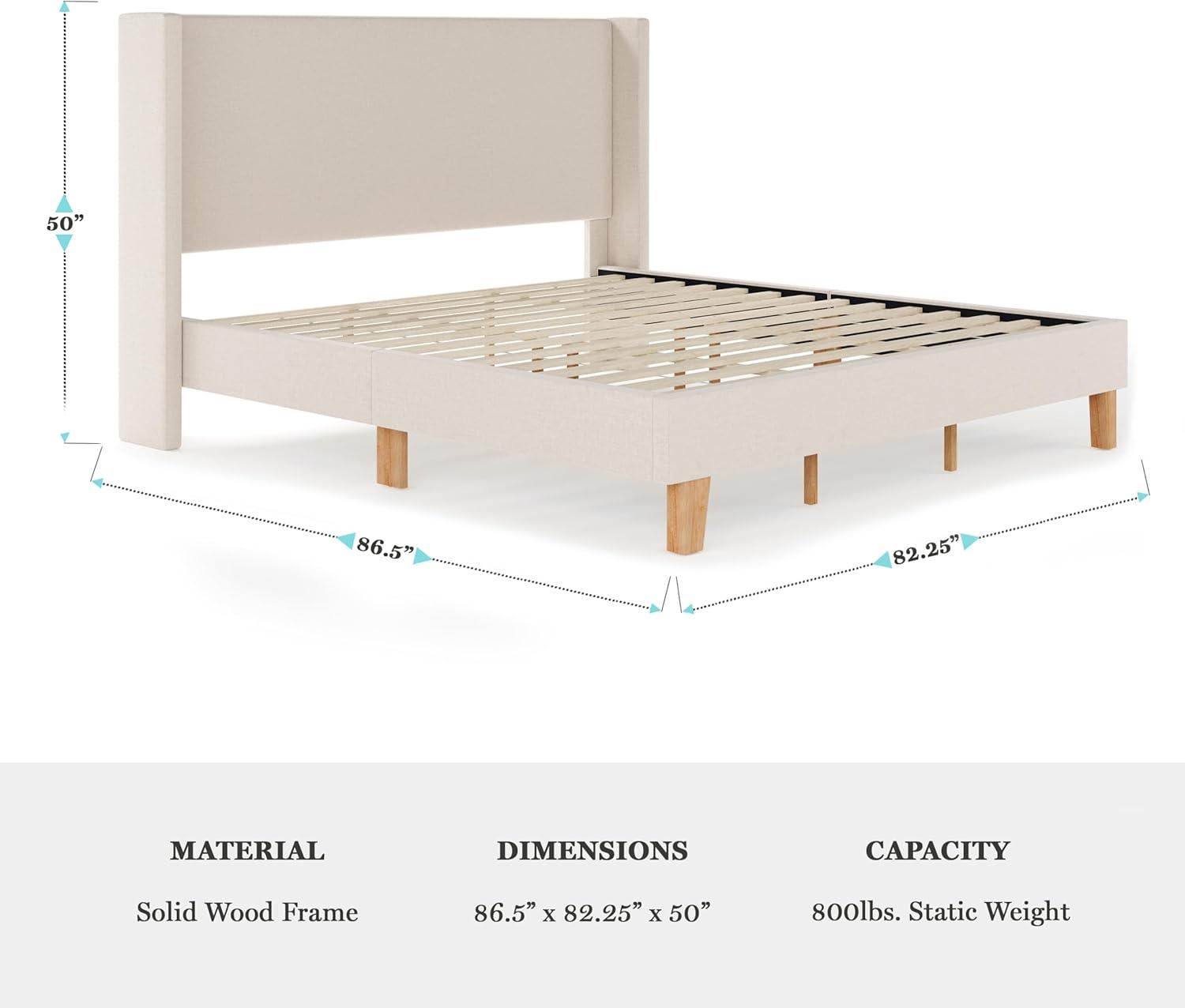 imageMartha Stewart Maisie Platform Bed with Wingback Headboard and Cushioned Side Rails Faux Linen Upholstery Wood Slat Foundation No Box Spring Needed King Beige
