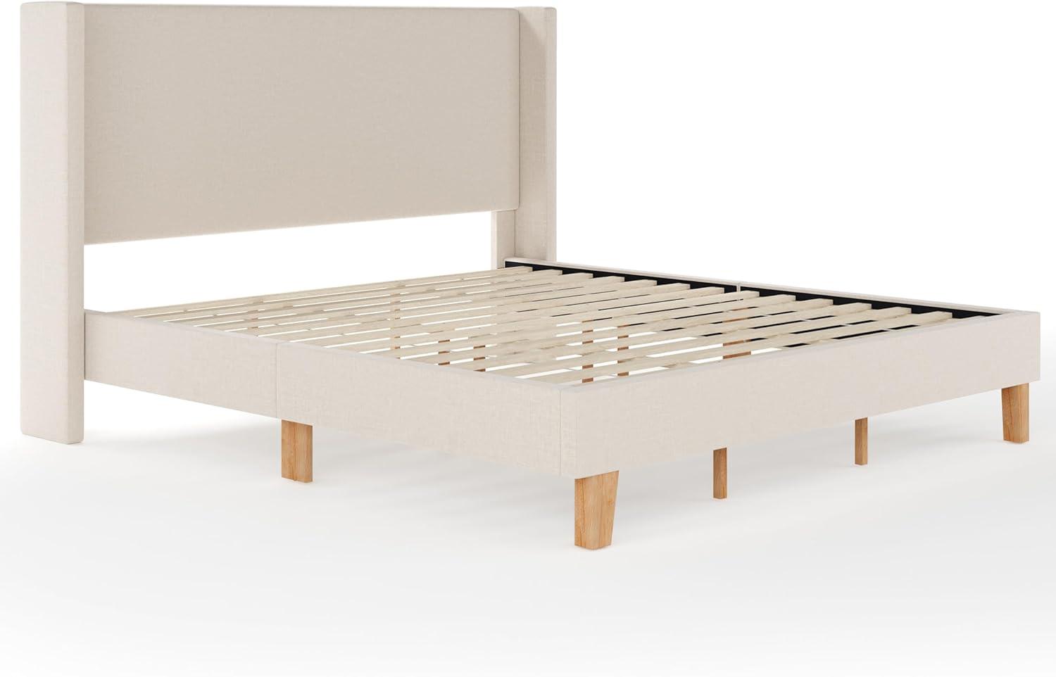 imageMartha Stewart Maisie Platform Bed with Wingback Headboard and Cushioned Side Rails Faux Linen Upholstery Wood Slat Foundation No Box Spring Needed King Beige