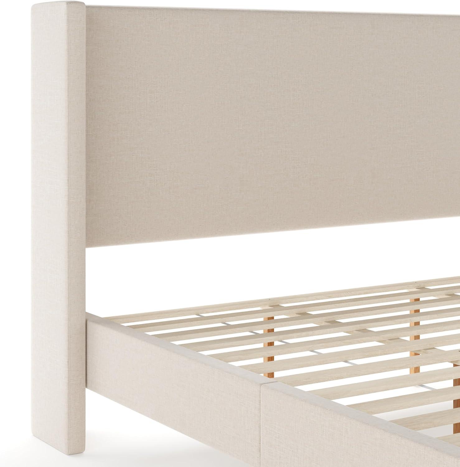 imageMartha Stewart Maisie Platform Bed with Wingback Headboard and Cushioned Side Rails Faux Linen Upholstery Wood Slat Foundation No Box Spring Needed King Beige