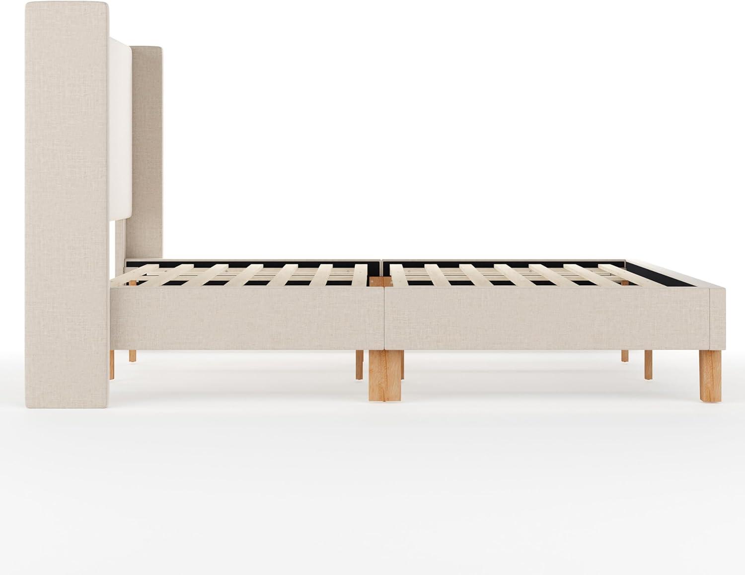 imageMartha Stewart Maisie Platform Bed with Wingback Headboard and Cushioned Side Rails Faux Linen Upholstery Wood Slat Foundation No Box Spring Needed King Beige