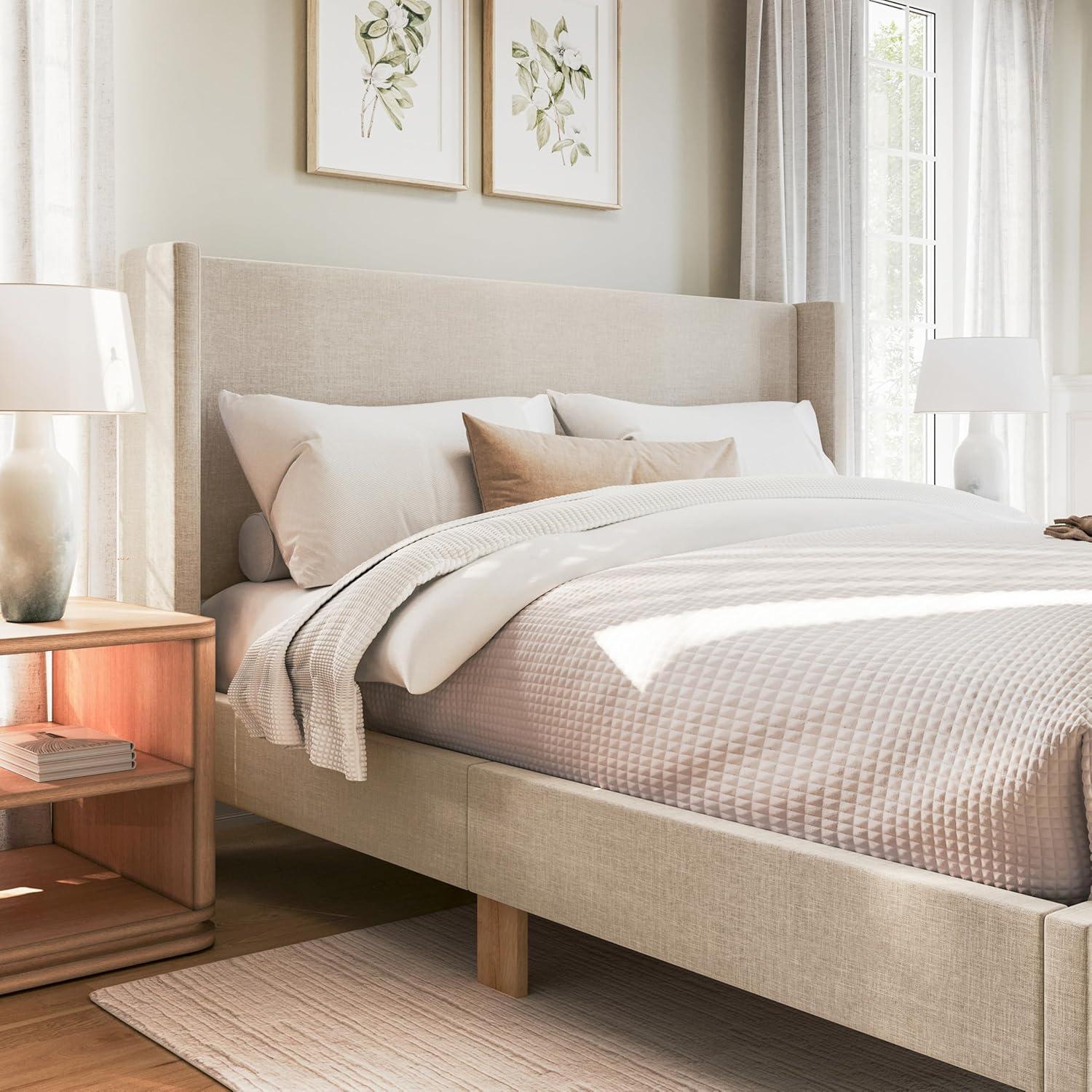 imageMartha Stewart Maisie Platform Bed with Wingback Headboard and Cushioned Side Rails Faux Linen Upholstery Wood Slat Foundation No Box Spring Needed King Beige