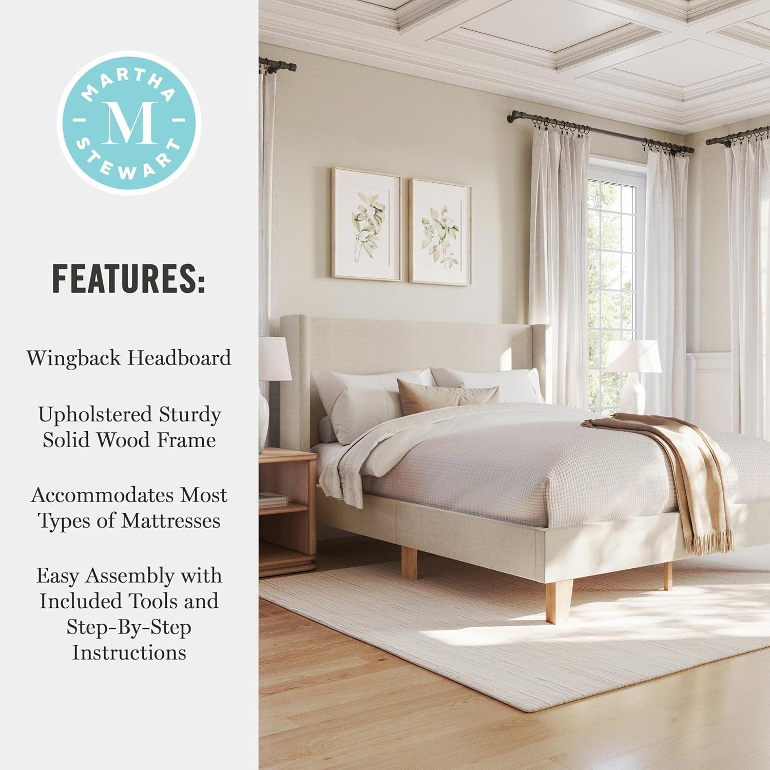 imageMartha Stewart Maisie Platform Bed with Wingback Headboard and Cushioned Side Rails Faux Linen Upholstery Wood Slat Foundation No Box Spring Needed Queen BeigeBeige