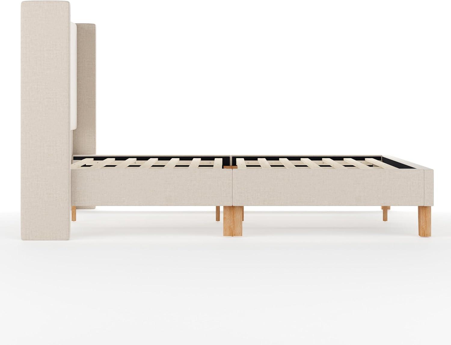 imageMartha Stewart Maisie Platform Bed with Wingback Headboard and Cushioned Side Rails Faux Linen Upholstery Wood Slat Foundation No Box Spring Needed Queen BeigeBeige