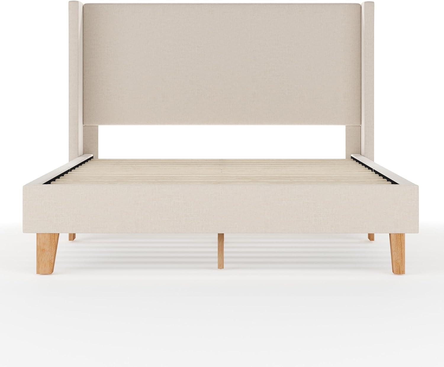 imageMartha Stewart Maisie Platform Bed with Wingback Headboard and Cushioned Side Rails Faux Linen Upholstery Wood Slat Foundation No Box Spring Needed Queen BeigeBeige