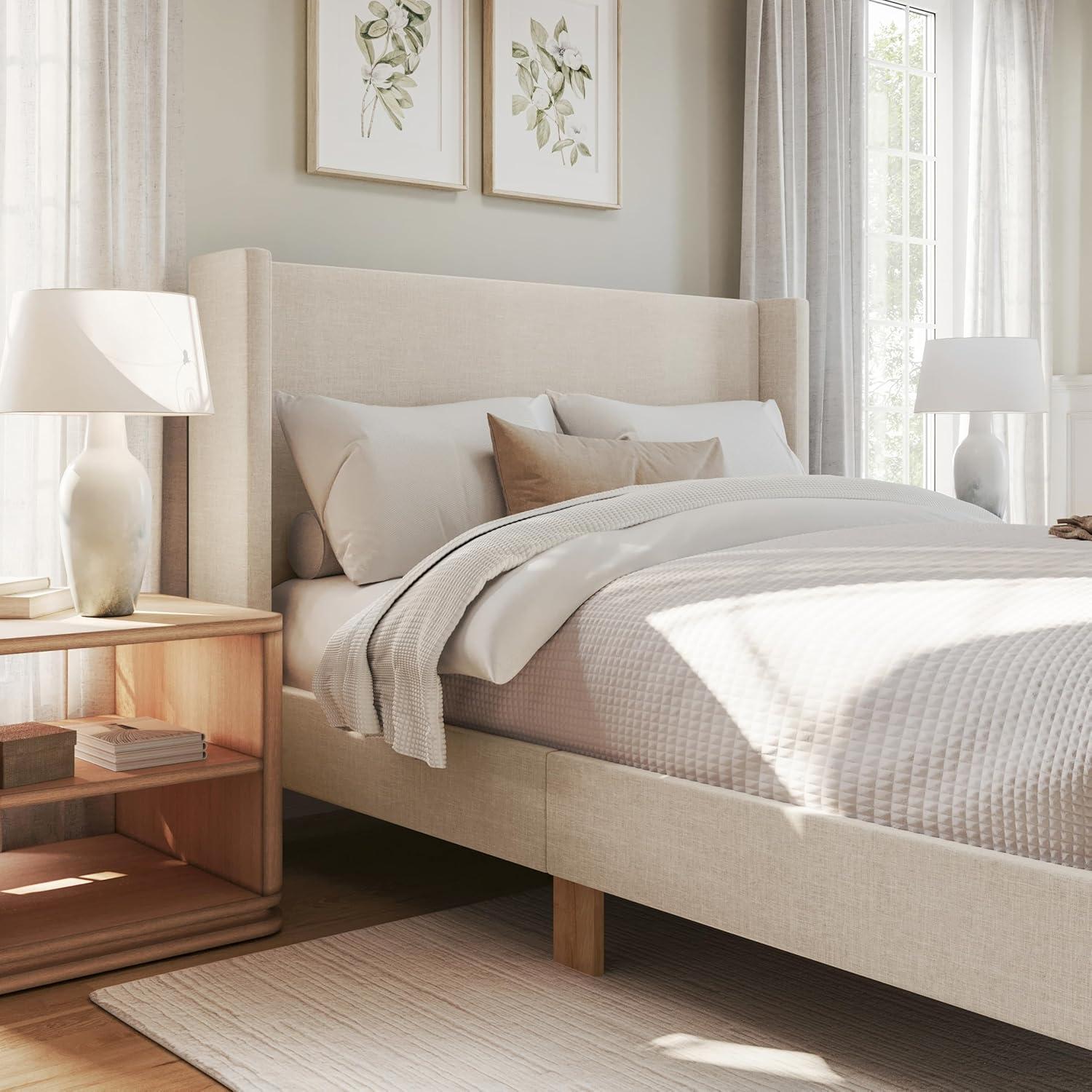 imageMartha Stewart Maisie Platform Bed with Wingback Headboard and Cushioned Side Rails Faux Linen Upholstery Wood Slat Foundation No Box Spring Needed Queen BeigeBeige