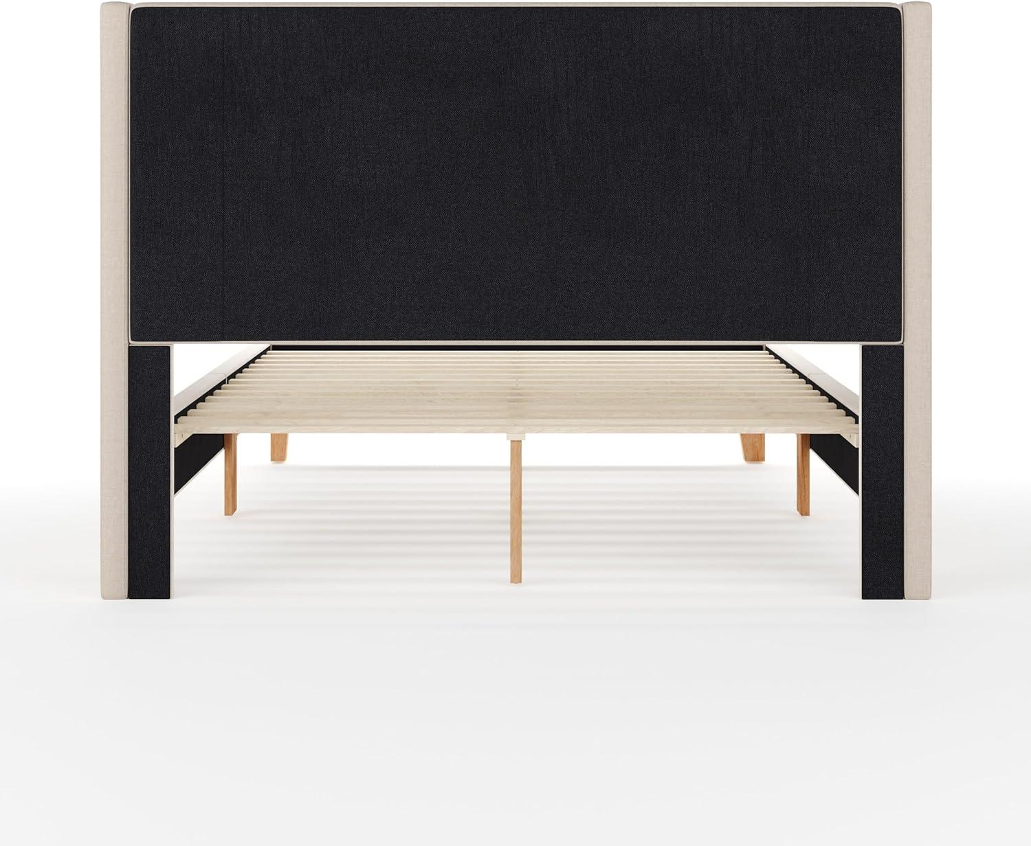 imageMartha Stewart Maisie Platform Bed with Wingback Headboard and Cushioned Side Rails Faux Linen Upholstery Wood Slat Foundation No Box Spring Needed Queen BeigeBeige