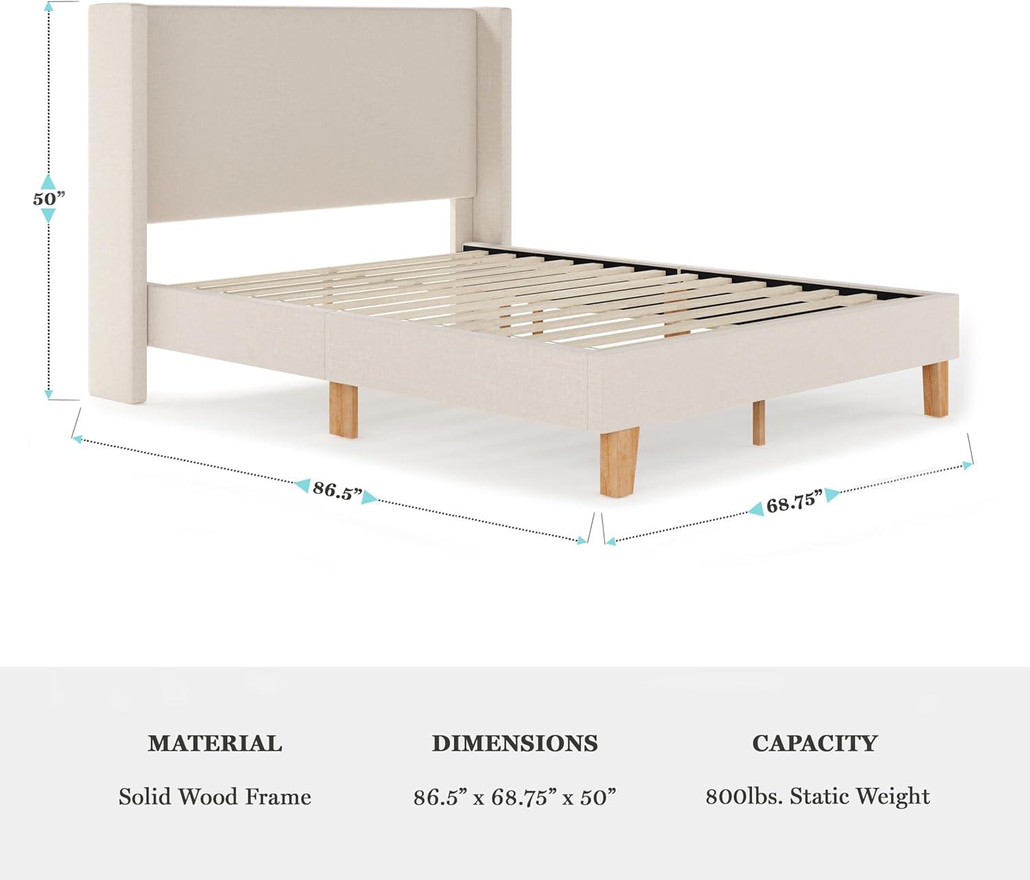 imageMartha Stewart Maisie Platform Bed with Wingback Headboard and Cushioned Side Rails Faux Linen Upholstery Wood Slat Foundation No Box Spring Needed Queen BeigeBeige