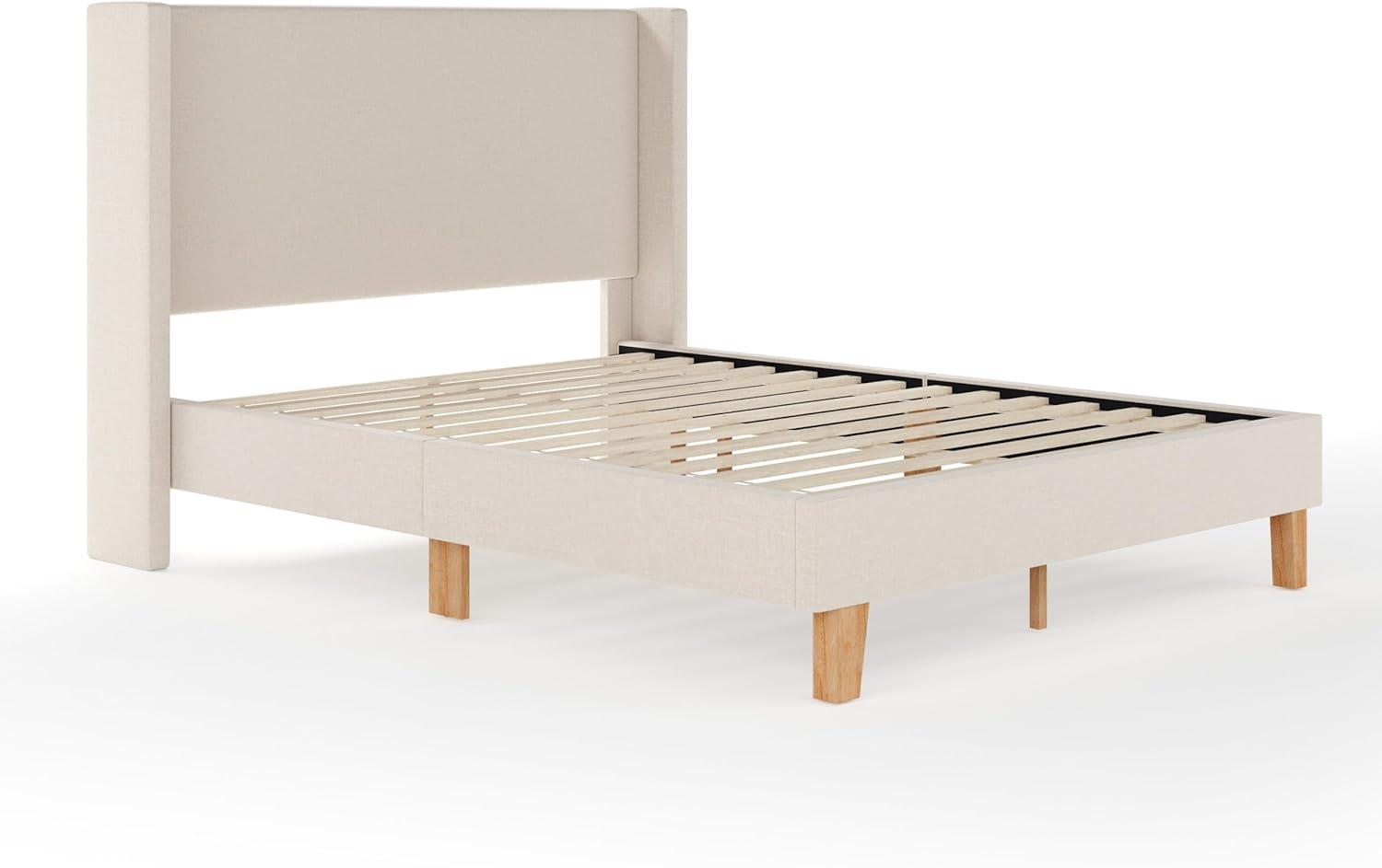 imageMartha Stewart Maisie Platform Bed with Wingback Headboard and Cushioned Side Rails Faux Linen Upholstery Wood Slat Foundation No Box Spring Needed Queen BeigeBeige