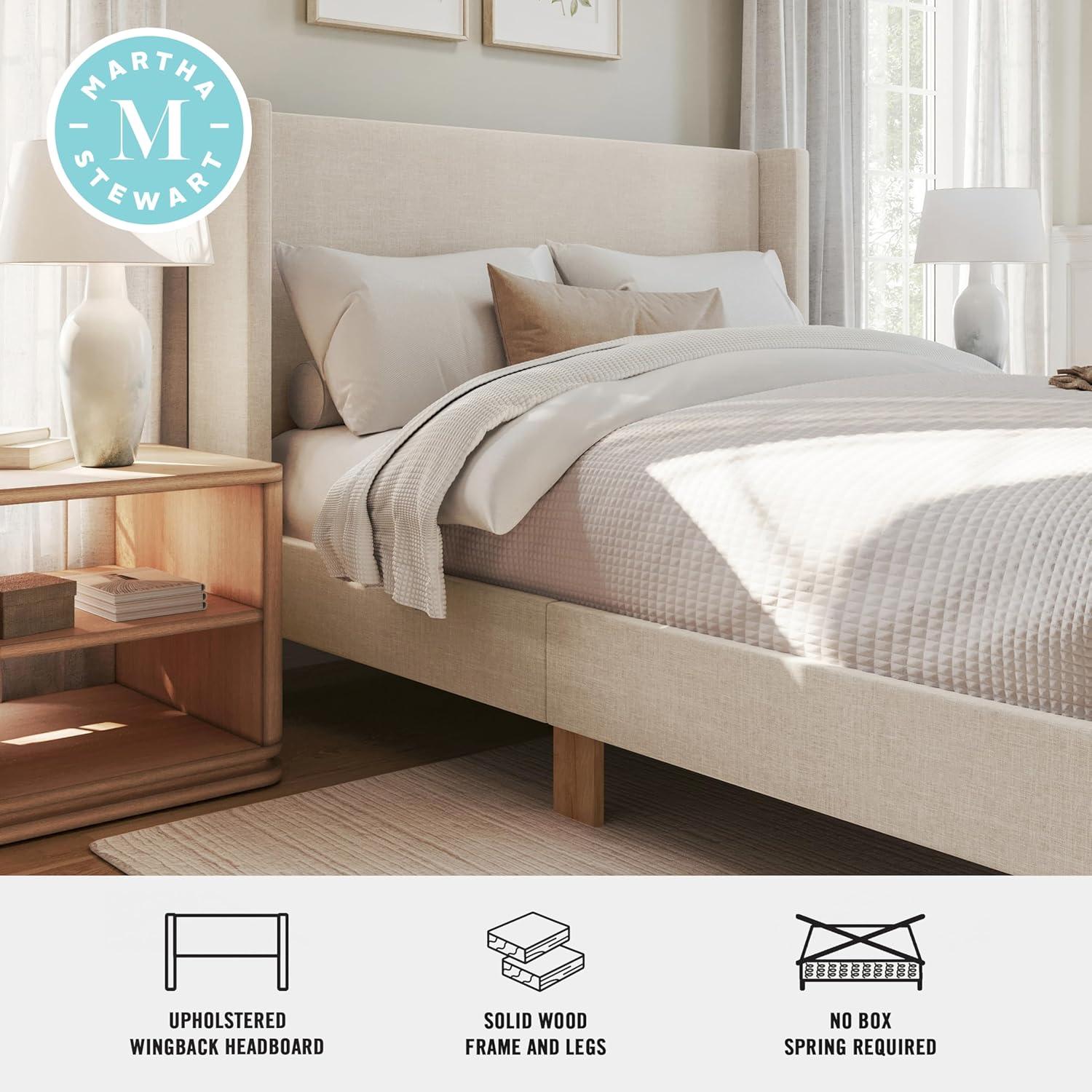 imageMartha Stewart Maisie Platform Bed with Wingback Headboard and Cushioned Side Rails Faux Linen Upholstery Wood Slat Foundation No Box Spring Needed Queen BeigeBeige