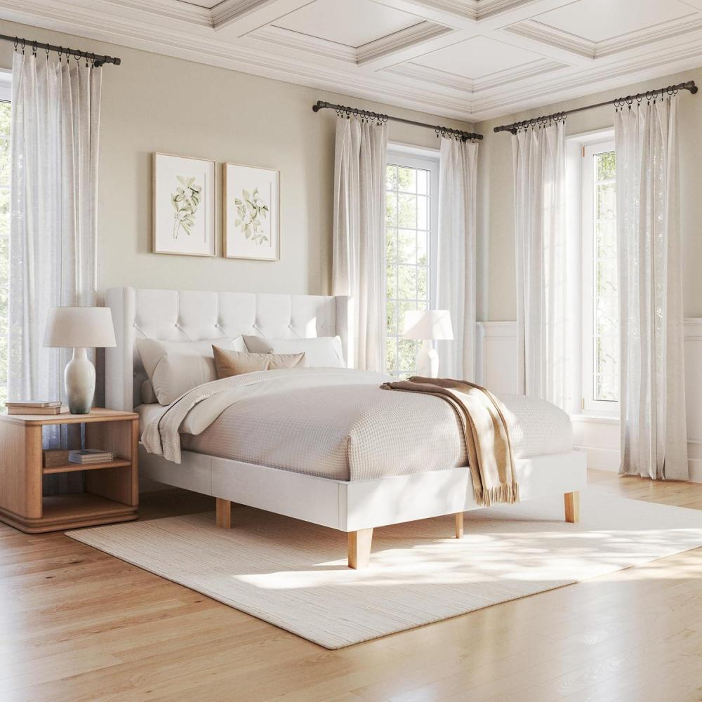 imageMartha Stewart Carmy Platform Bed with Tufted Headboard Cushioned Side Rails Faux Linen Upholstery Wood Slat Foundation No Box Spring Needed Queen WhiteQueen