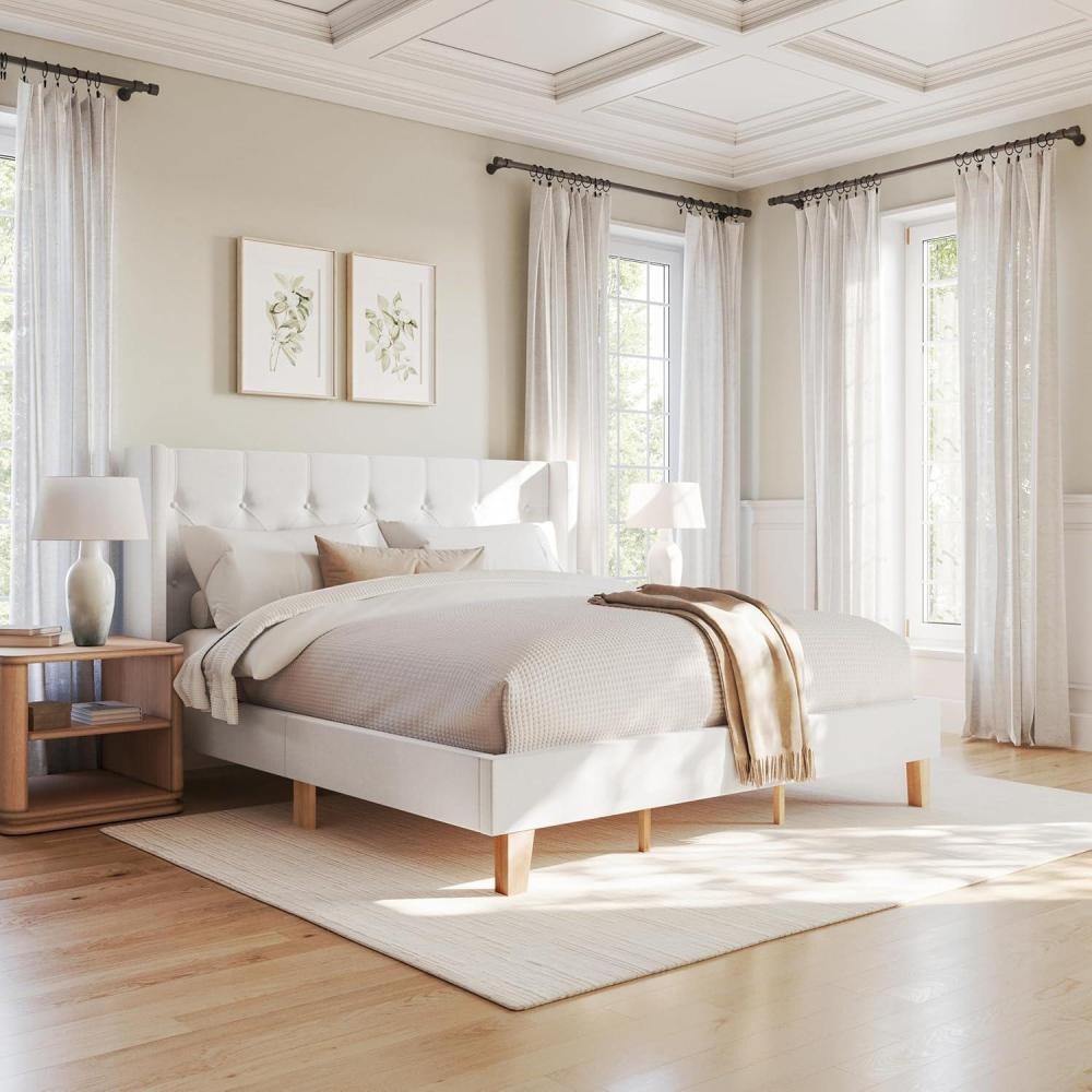 imageMartha Stewart Carmy Platform Bed with Tufted Headboard Cushioned Side Rails Faux Linen Upholstery Wood Slat Foundation No Box Spring Needed Queen WhiteKing