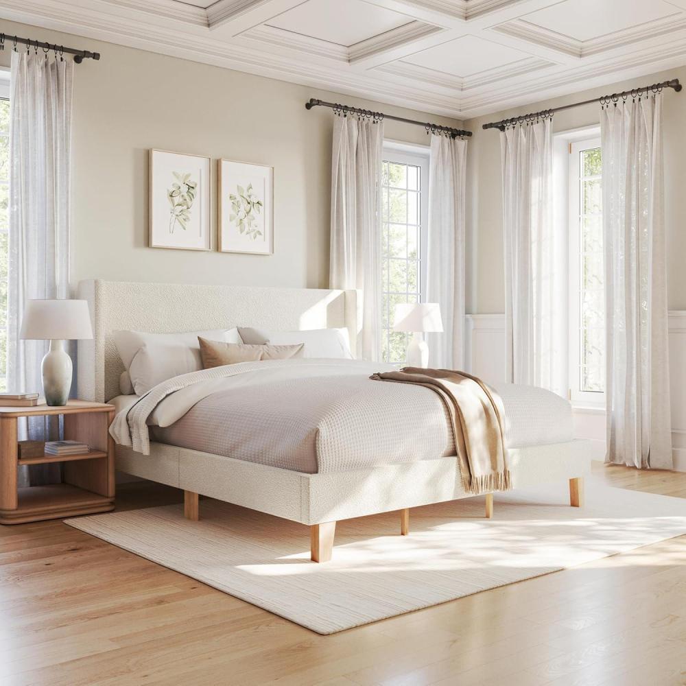 imageMartha Stewart Maisie Platform Bed with Wingback Headboard and Cushioned Side Rails Boucle Upholstery Wood Slat Foundation No Box Spring Needed King OffWhite
