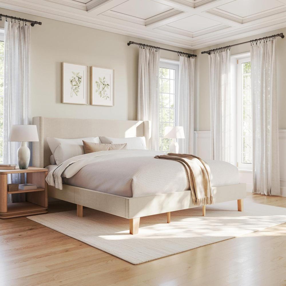 imageMartha Stewart Maisie Platform Bed with Wingback Headboard and Cushioned Side Rails Faux Linen Upholstery Wood Slat Foundation No Box Spring Needed King Beige