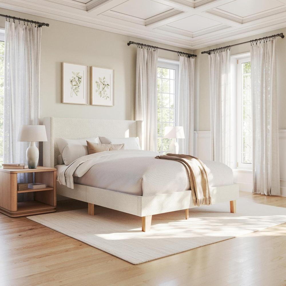 imageMartha Stewart Maisie Platform Bed with Wingback Headboard and Cushioned Side Rails Faux Linen Upholstery Wood Slat Foundation No Box Spring Needed Queen BeigeOffwhite