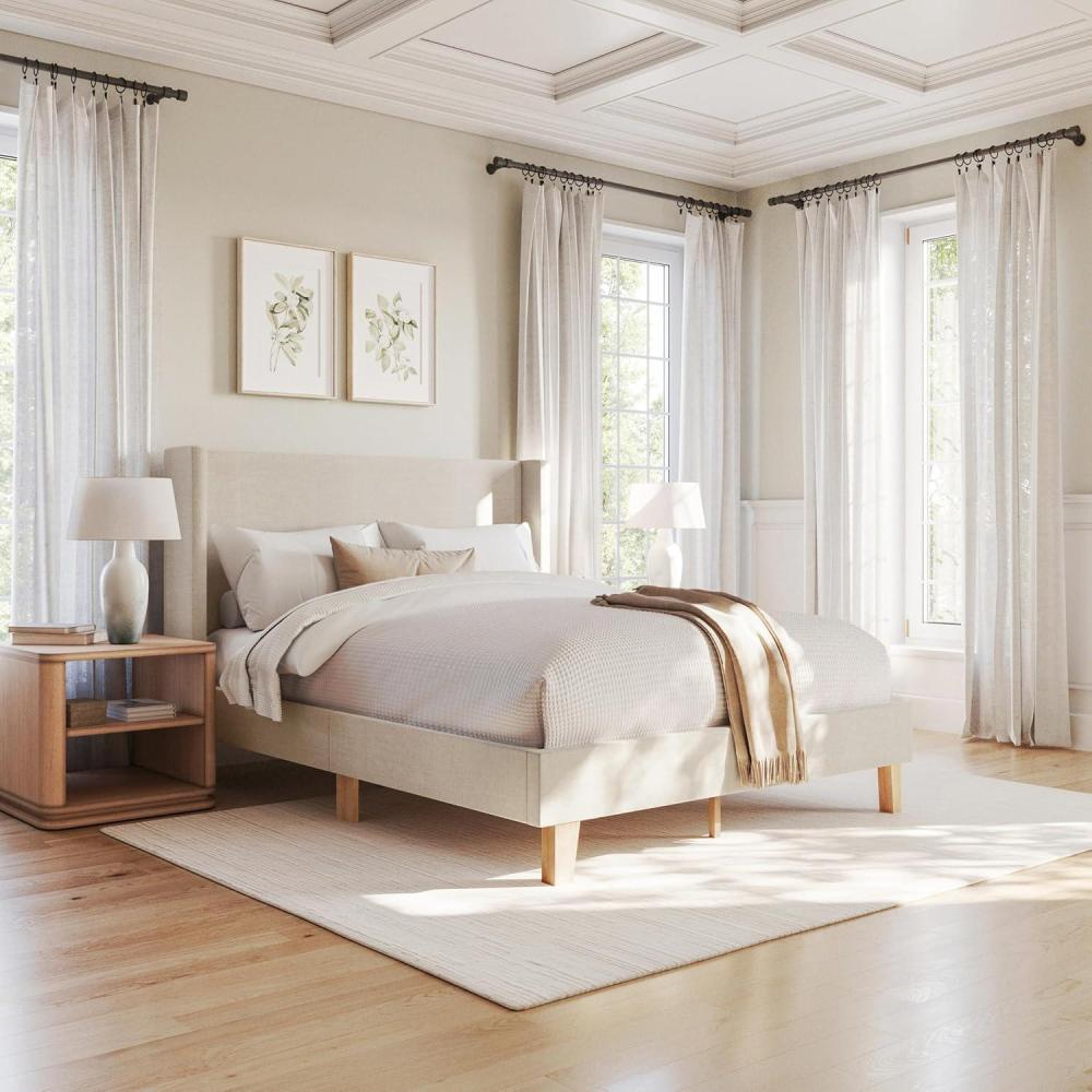 imageMartha Stewart Maisie Platform Bed with Wingback Headboard and Cushioned Side Rails Faux Linen Upholstery Wood Slat Foundation No Box Spring Needed Queen BeigeBeige