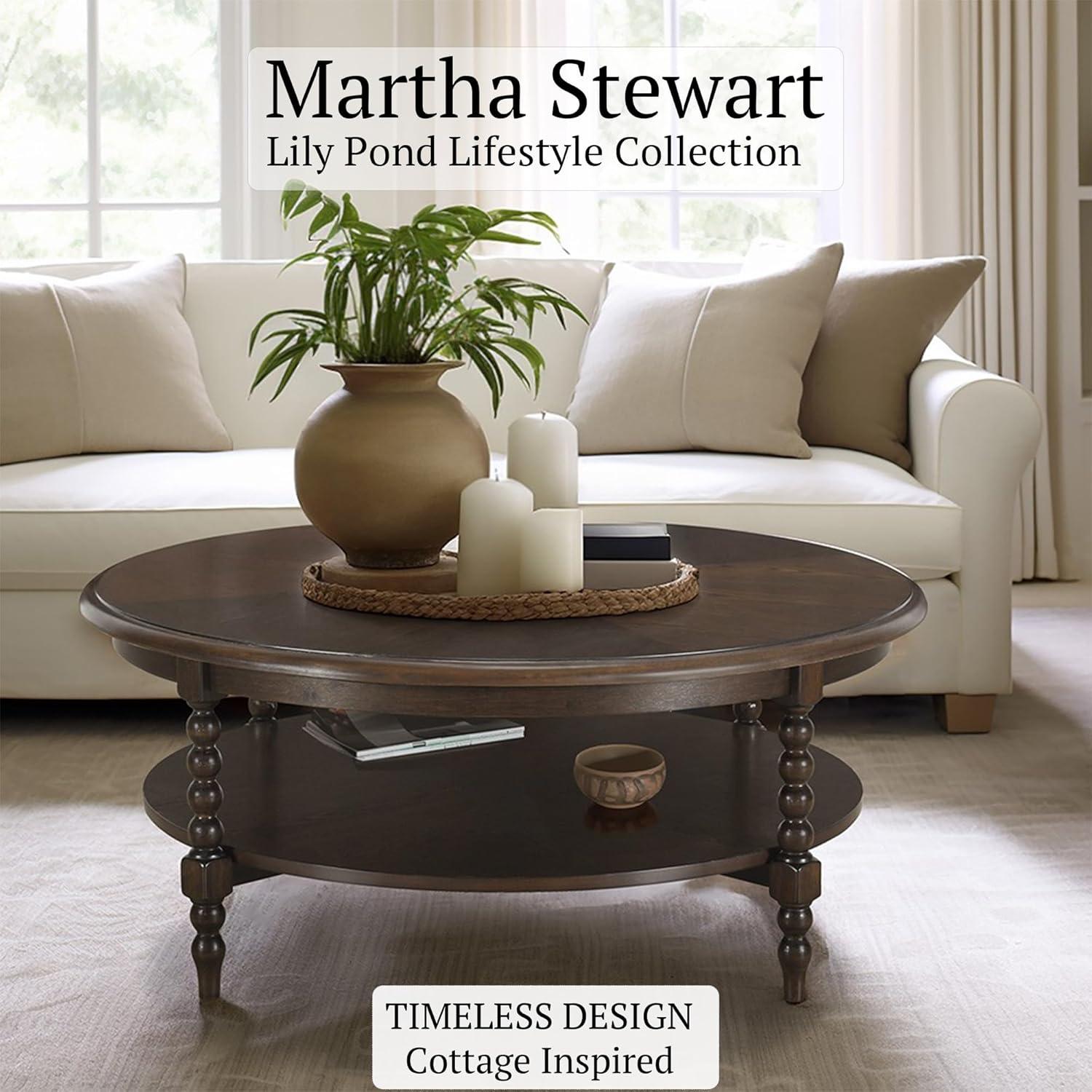 imageMartha Stewart Philippe Round Coffee Table for Living Room Lily Pond Collection Coastal Coffee Table with Shelving for Storage Cottage Inspired Living Room Table 42 Wide Brown