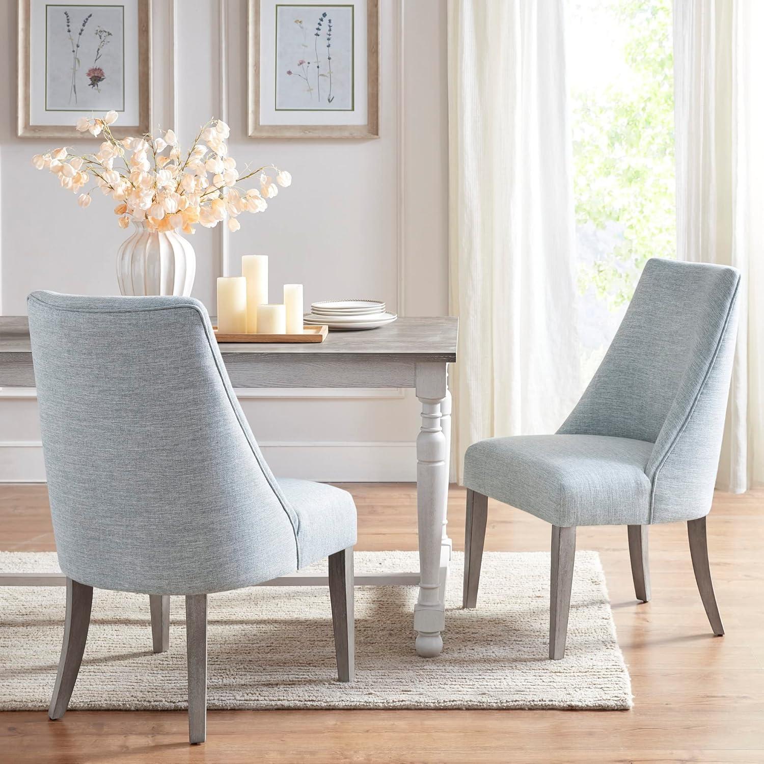 imageMartha Stewart Winfield Upholstered High Back Accent Dining Chairs Set of 2 Padded Seat Solid Wood Legs Chambray Jacquard Textured Fabric Cottage Farmhouse for Kitchen Room Light GreyWinfield Light Blue