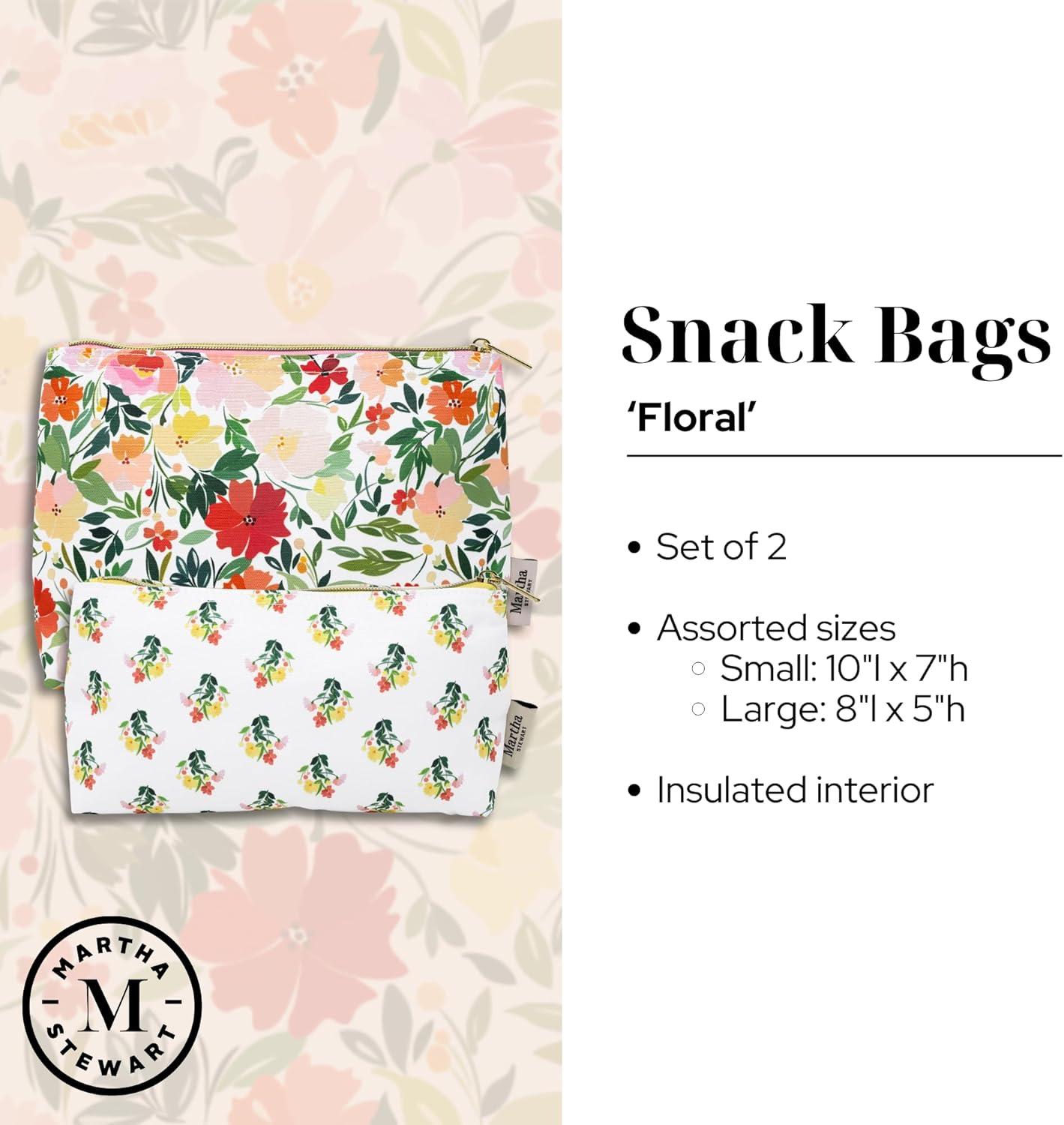 imageMartha Stewart Floral Insulated Snack Bag Keeper Set of 2 with Zipper Reusable Thermal Sandwich Bag Holder for Lunch Durable Stylish Lunch Bag Accessory Floral