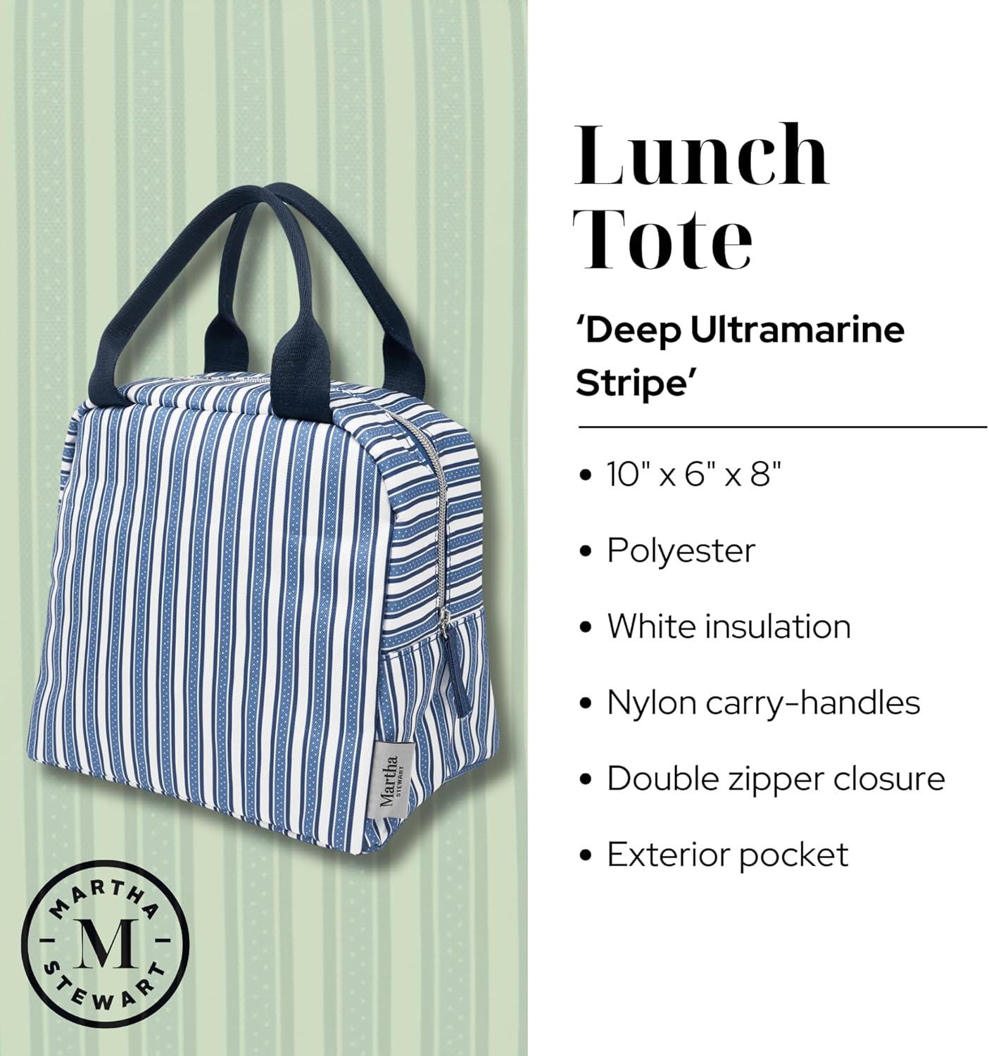 imageMartha Stewart Insulated Lunch Box for Women Spacious Lunch Tote 11 x 65 x 135 Comfortable Carrying Straps amp Storage Pocket FloralDeep Ultramarine Stripe