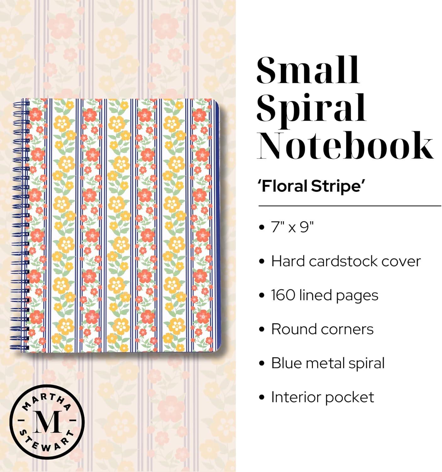 imageMartha Stewart Mini Spiral Notebook 7x9 Journaling Notebook with 160 Lined Pages and Perforated TearOuts Convenient Interior Pocket for Notes FloralFloral Stripe