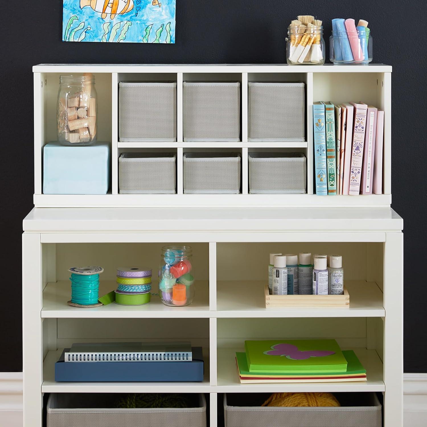 imageMartha Stewart Crafting Kids Double Open Storage Linen White Wooden Shelving with Bins 6 Compartment Art Supply Organizer for PlayroomLinen White