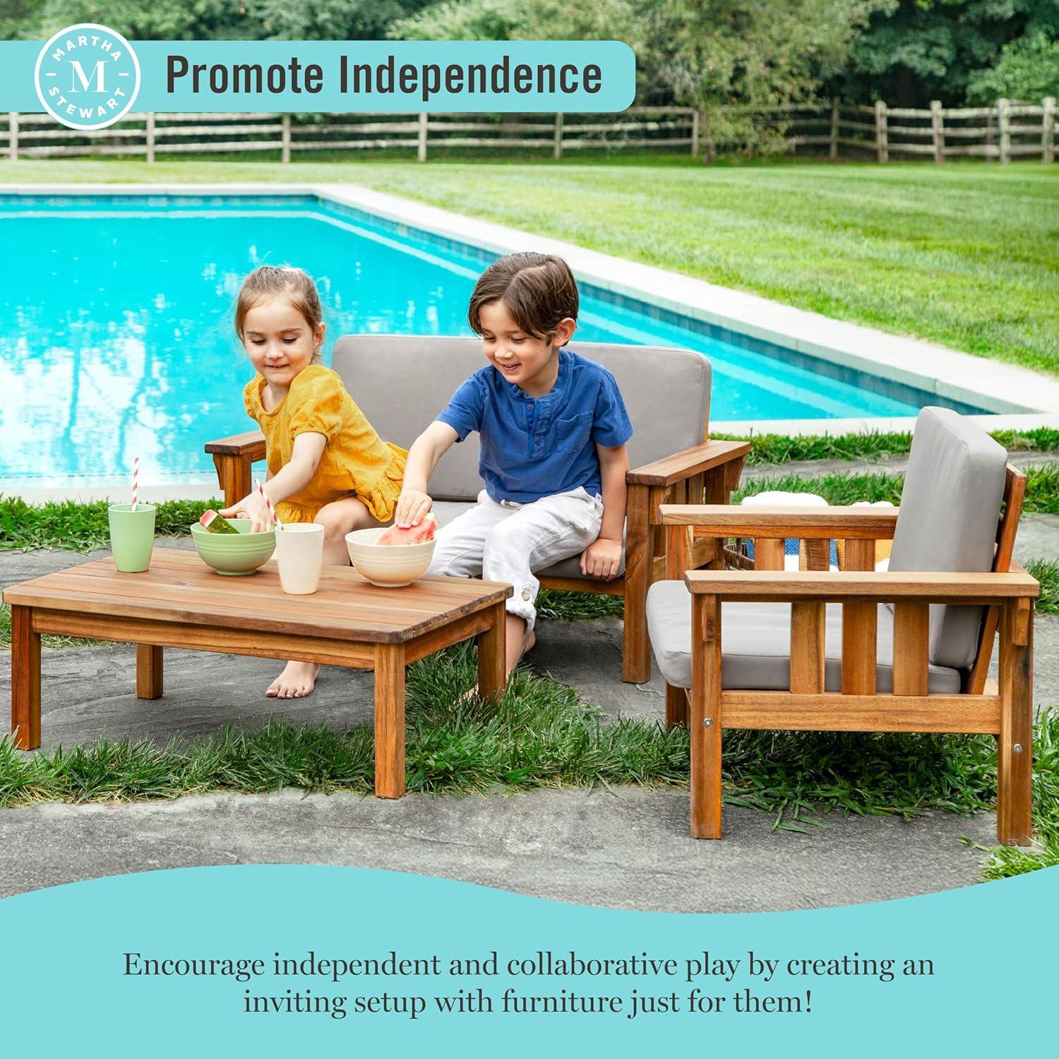 imageMartha Stewart Kids Outdoor Couch Chair amp Table Set Acacia Wood 3Piece Outdoor Furniture Set for Children Kids Picnic Table Sofa amp Chair wCushions for Backyard Garden Porch and Patio