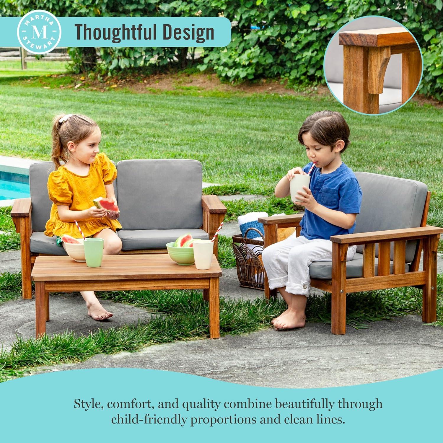 imageMartha Stewart Kids Outdoor Couch Chair amp Table Set Acacia Wood 3Piece Outdoor Furniture Set for Children Kids Picnic Table Sofa amp Chair wCushions for Backyard Garden Porch and Patio
