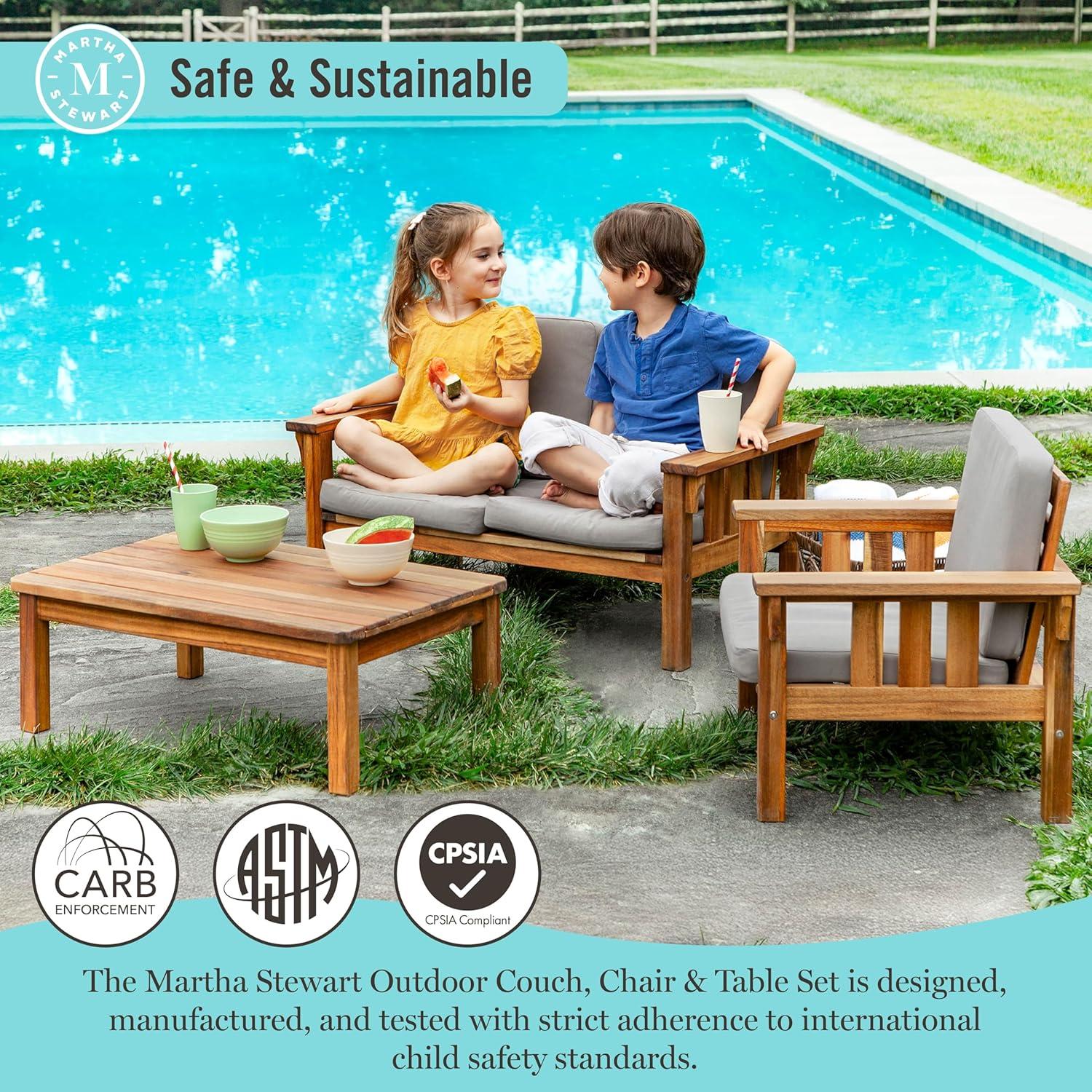imageMartha Stewart Kids Outdoor Couch Chair amp Table Set Acacia Wood 3Piece Outdoor Furniture Set for Children Kids Picnic Table Sofa amp Chair wCushions for Backyard Garden Porch and Patio