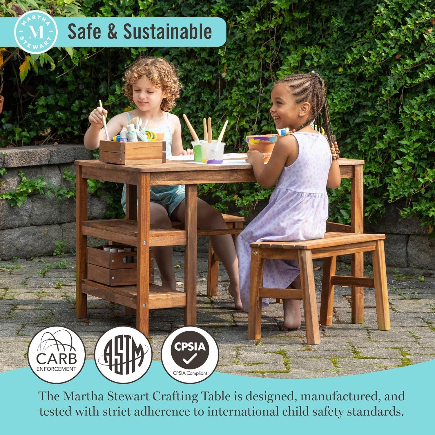 imageMartha Stewart Kids Outdoor Craft Table and 2 Bench Set Acacia Wood Activity Desk wCrate Caddy and Storage Shelves Kids Play amp Picnic Table wBenches for Backyard Patio Outdoor Classrooms