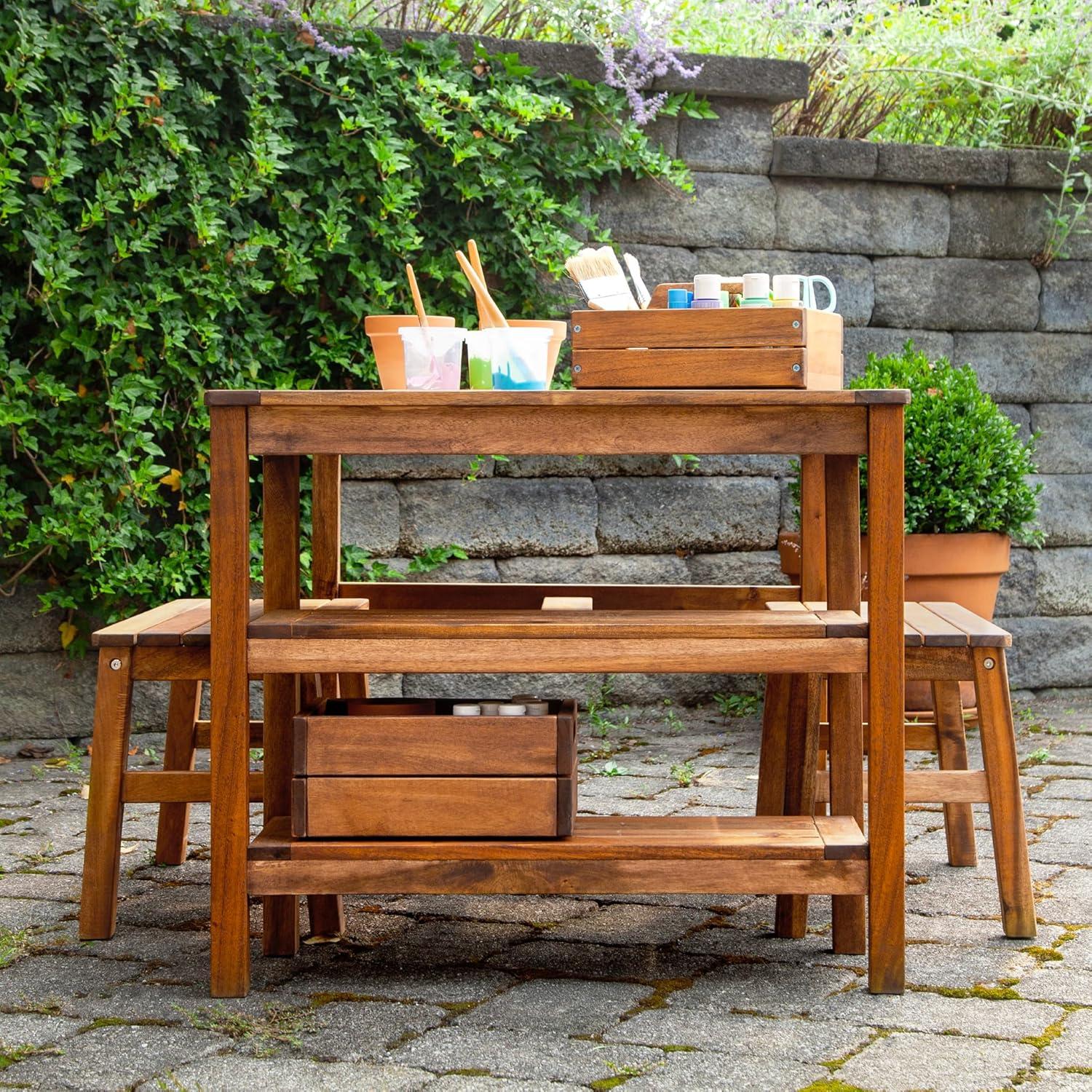 imageMartha Stewart Kids Outdoor Craft Table and 2 Bench Set Acacia Wood Activity Desk wCrate Caddy and Storage Shelves Kids Play amp Picnic Table wBenches for Backyard Patio Outdoor Classrooms