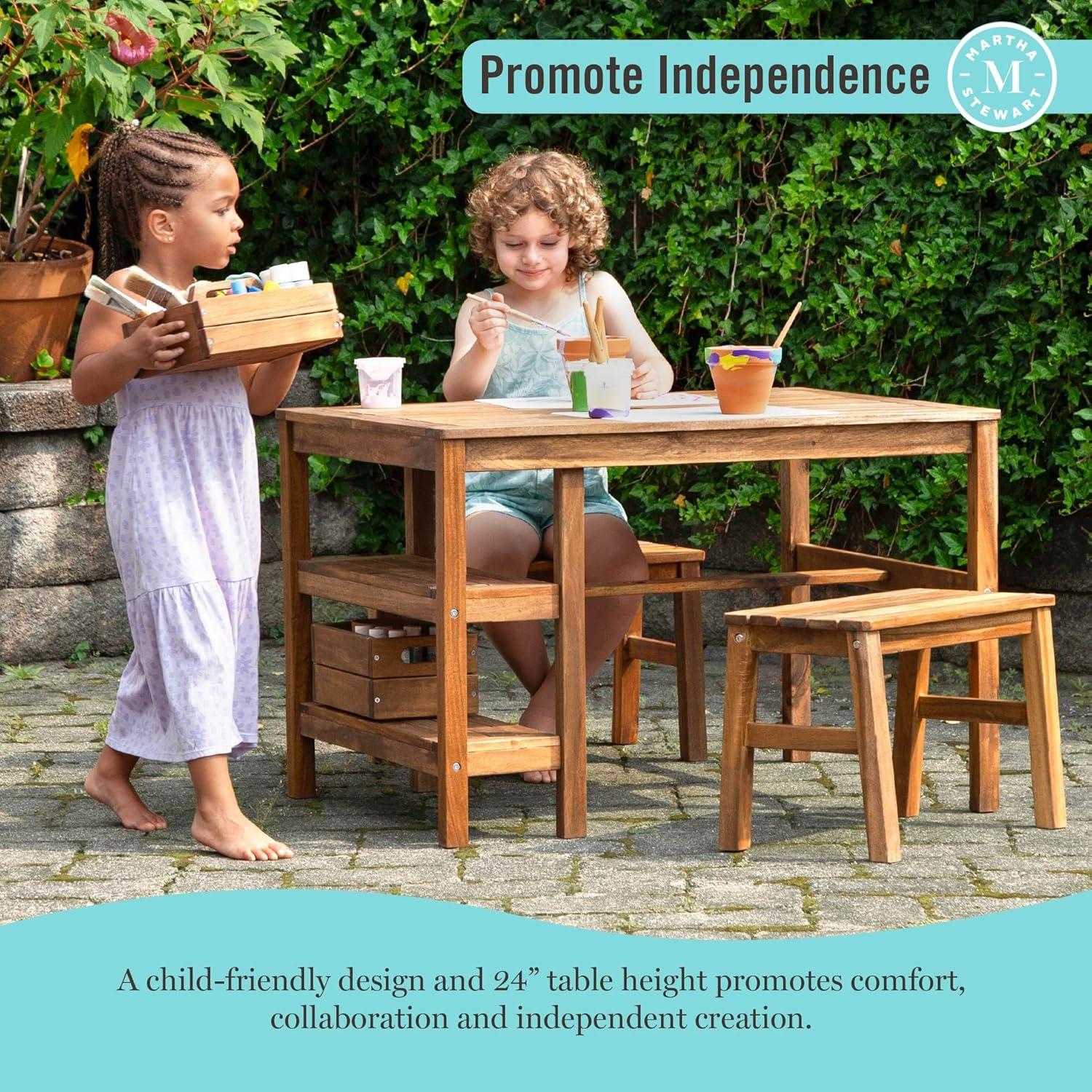 imageMartha Stewart Kids Outdoor Craft Table and 2 Bench Set Acacia Wood Activity Desk wCrate Caddy and Storage Shelves Kids Play amp Picnic Table wBenches for Backyard Patio Outdoor Classrooms