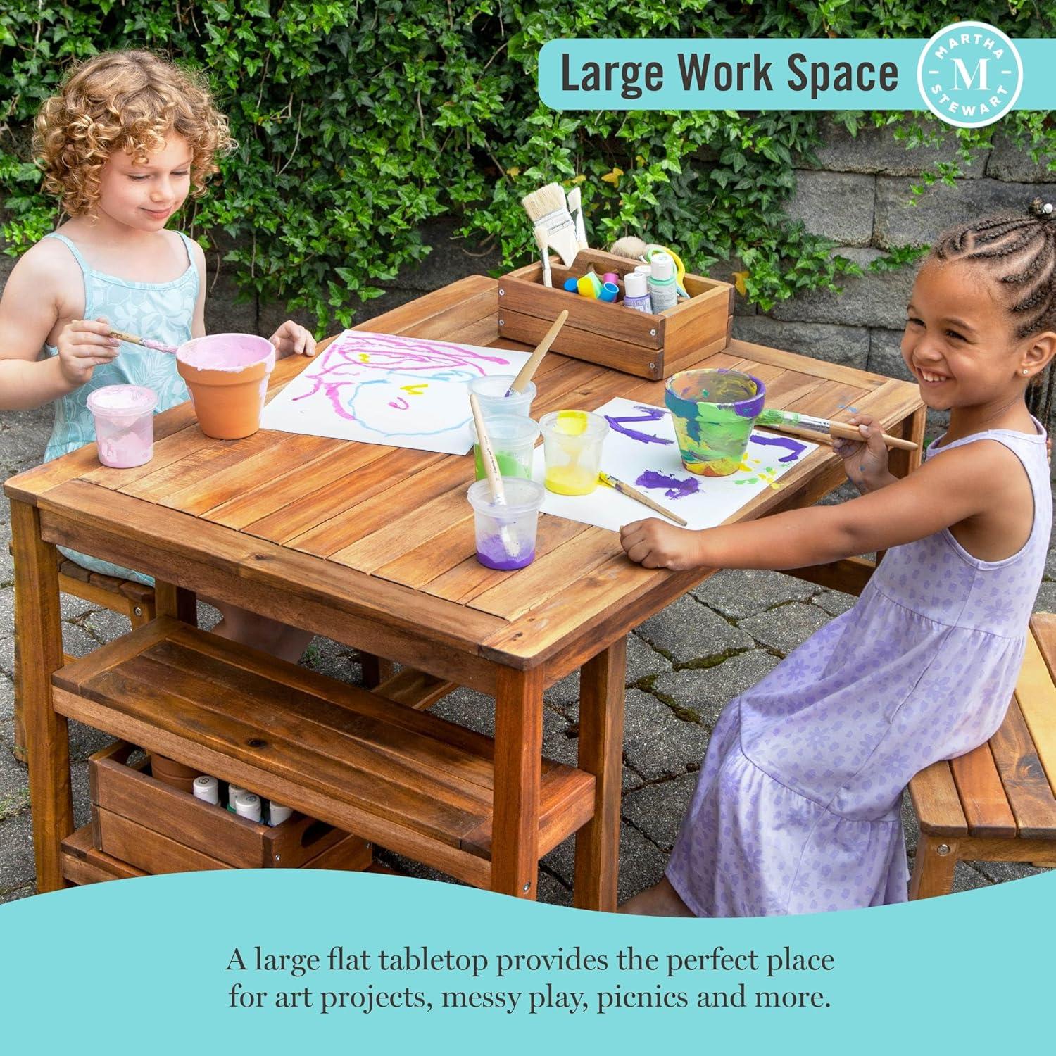 imageMartha Stewart Kids Outdoor Craft Table and 2 Bench Set Acacia Wood Activity Desk wCrate Caddy and Storage Shelves Kids Play amp Picnic Table wBenches for Backyard Patio Outdoor Classrooms