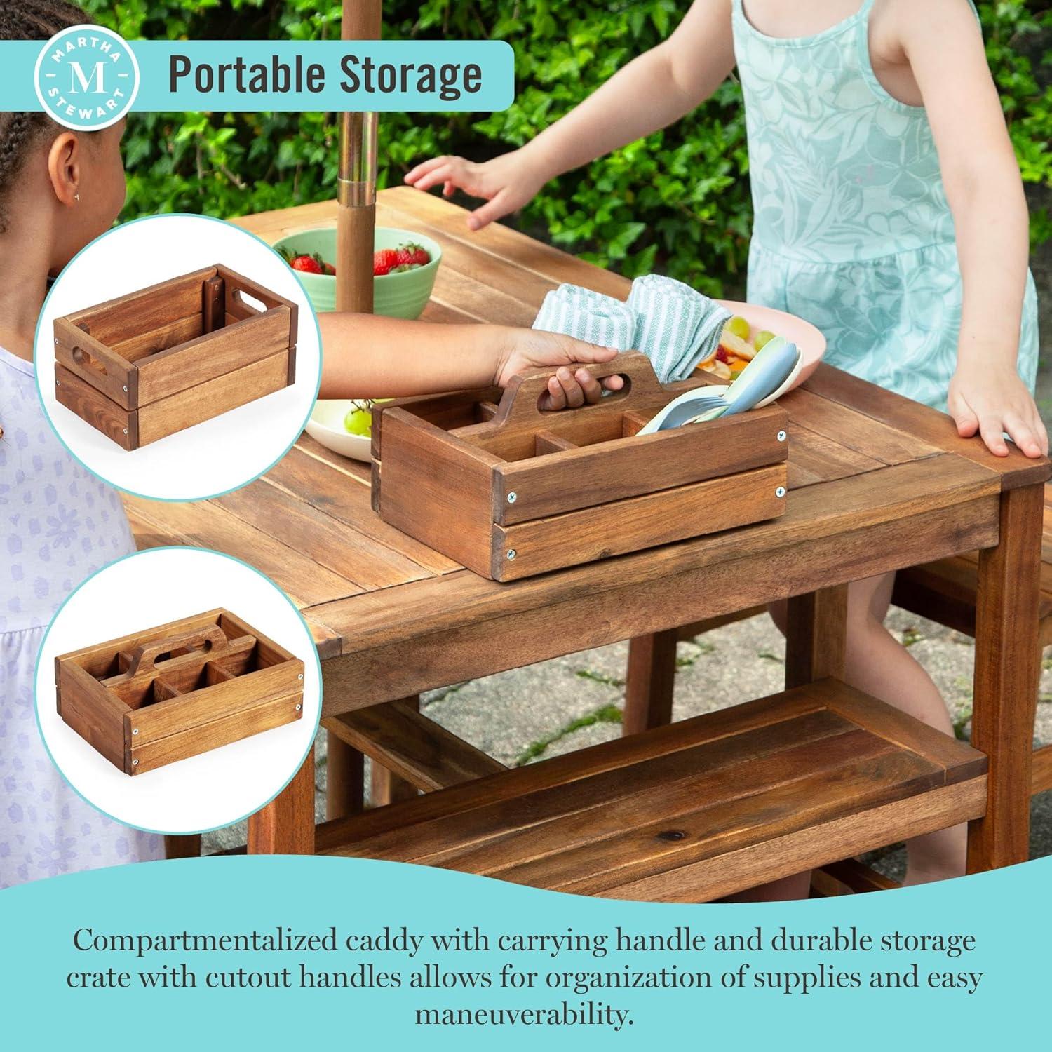 imageMartha Stewart Kids Outdoor Craft Table and 2 Bench Set Acacia Wood Activity Desk wCrate Caddy and Storage Shelves Kids Play amp Picnic Table wBenches for Backyard Patio Outdoor Classrooms