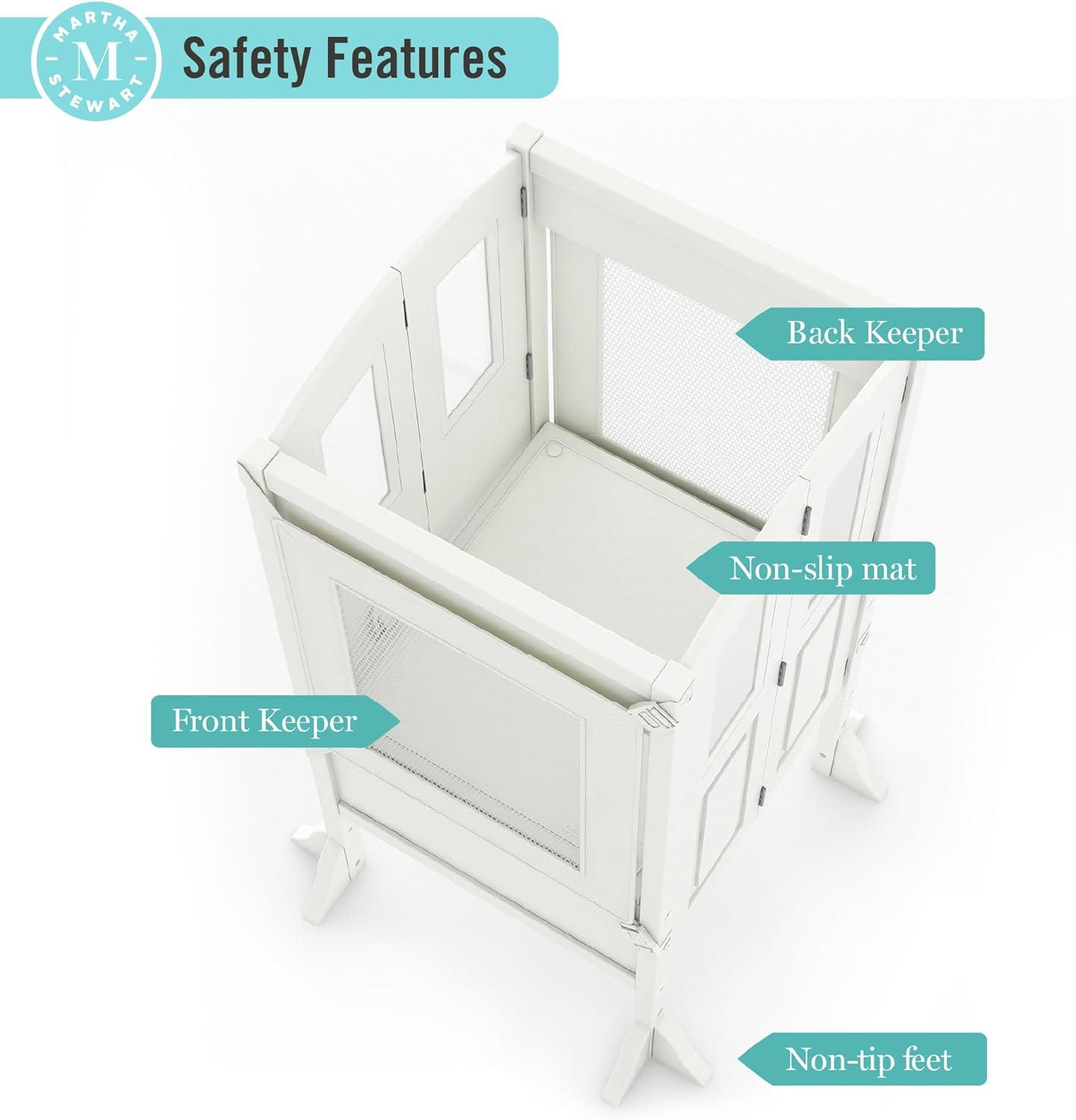 imageMartha Stewart Kitchen Helper Toddler Tower Mint Premium Kids Wood Foldable Kitchen Platform Adjustable Height Safety Step Stool for Toddlers with NonSlip Mat Mostly AssembledLinen White